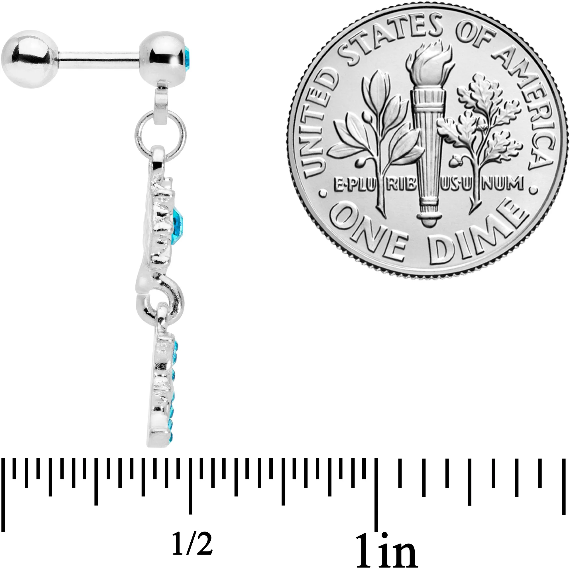 16G 1/4 Aqua Gem Moon Dangle Cartilage Tragus - Image 4