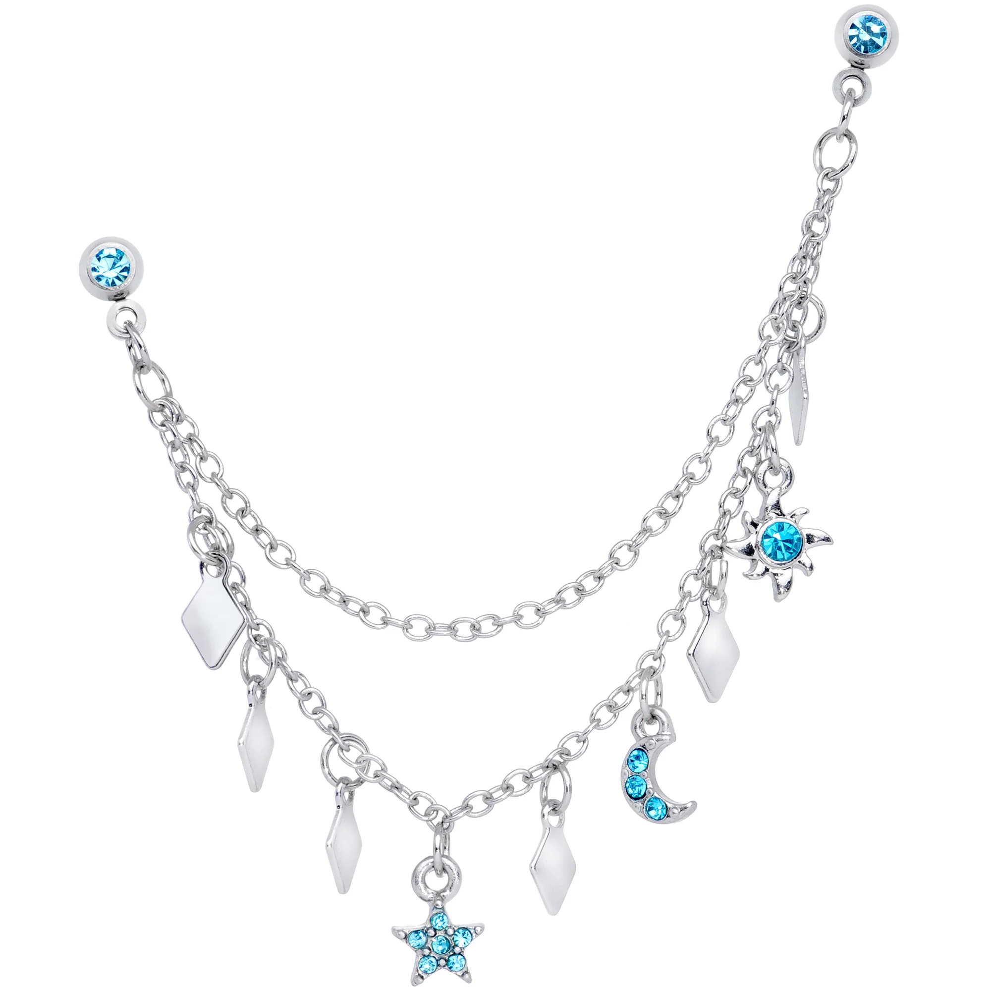 16G 1/4 Aqua Gem Moon Star Sun Dangle Cartilage Chain Earring - Image 2