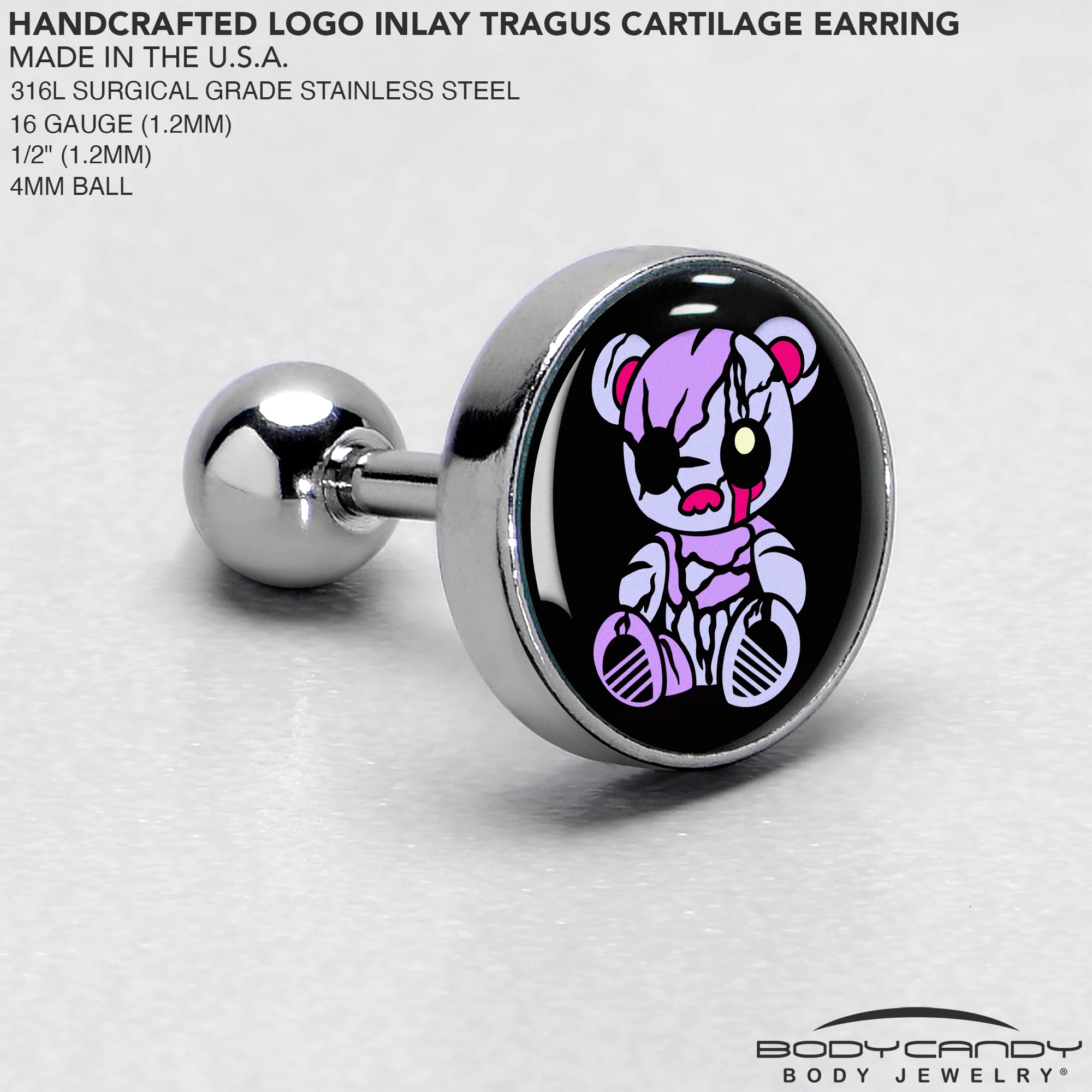 16G 1/4 Attitude Teddy Bear Tragus Cartilage Earring by Onyx O - Image 4