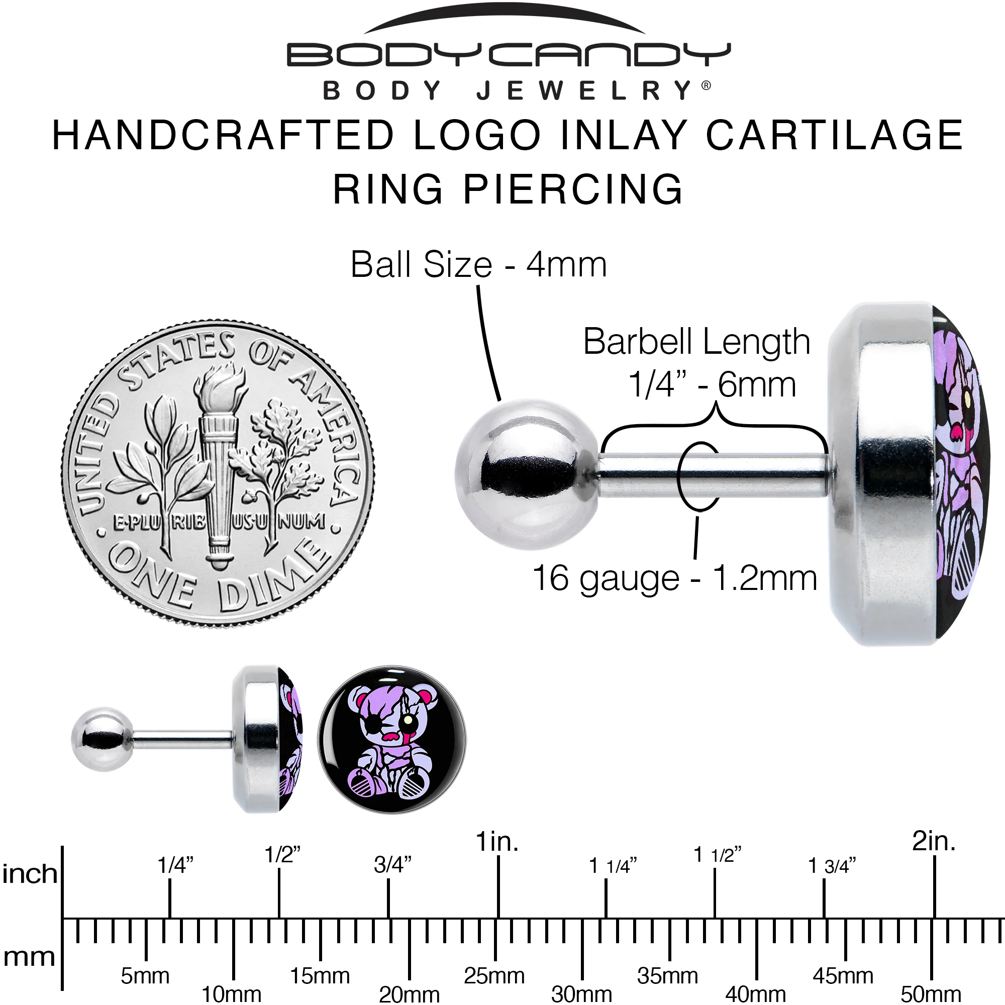 16G 1/4 Attitude Teddy Bear Tragus Cartilage Earring by Onyx O - Image 6