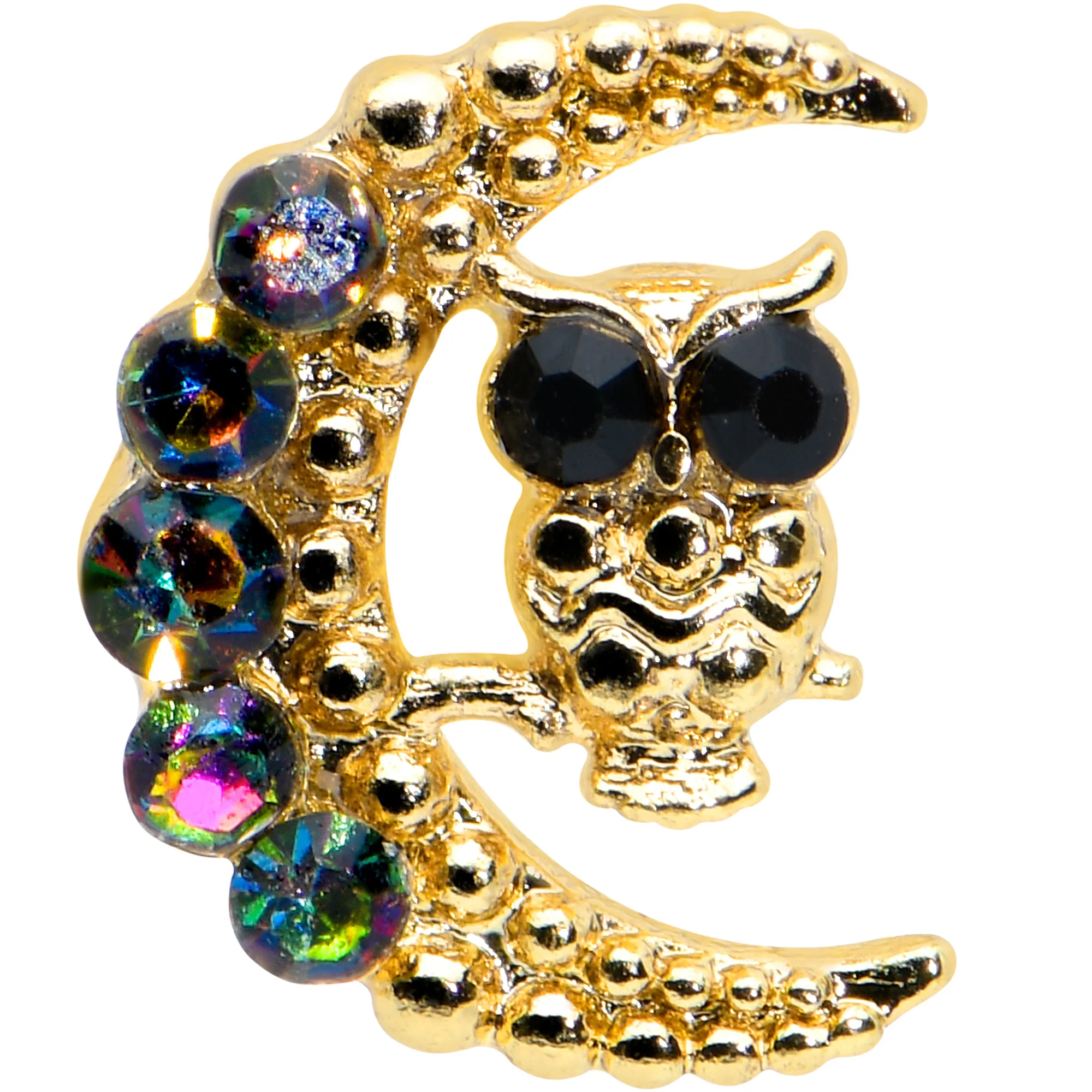 16G 1/4 Aurora Black Gem Gold Tone Owl Moon Labret Monroe Tragus - Image 2