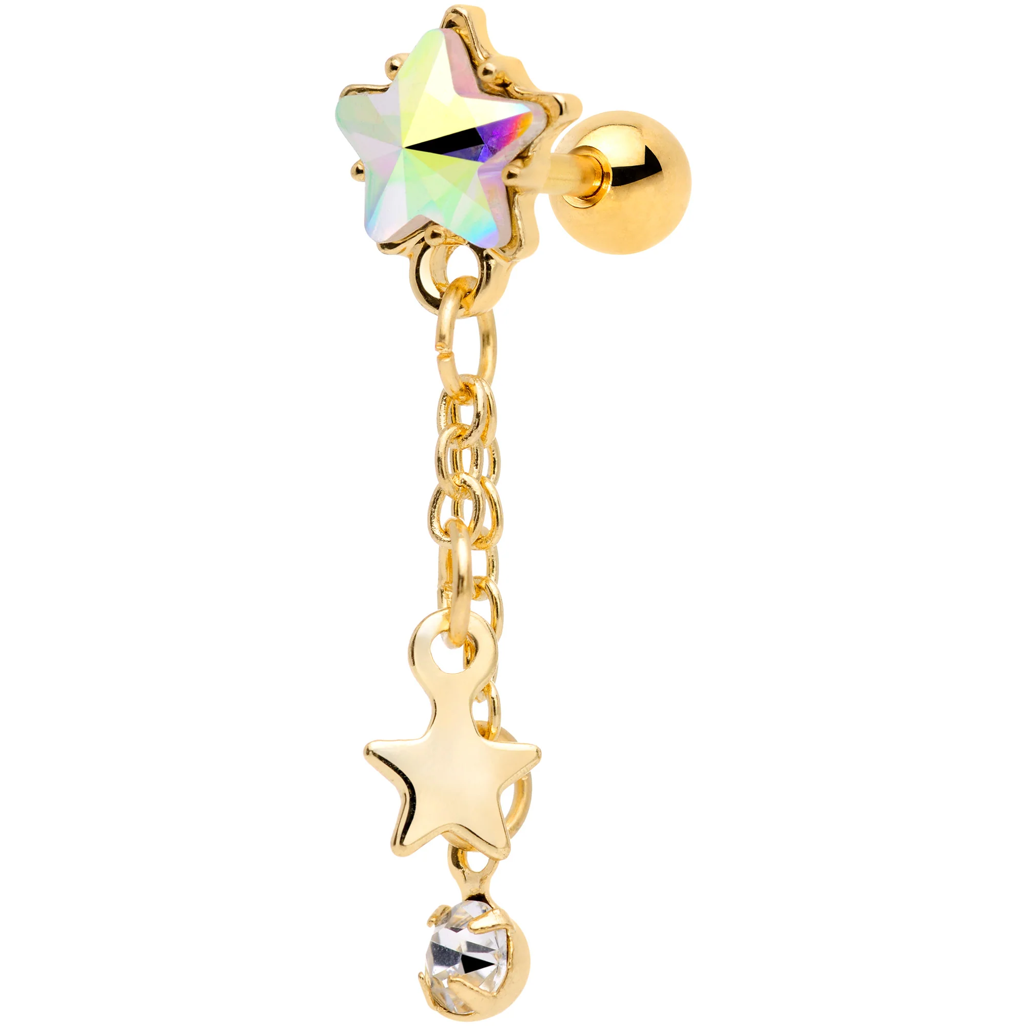 16G 1/4 Aurora Clear Gem Gold Tone Star Dangle Cartilage