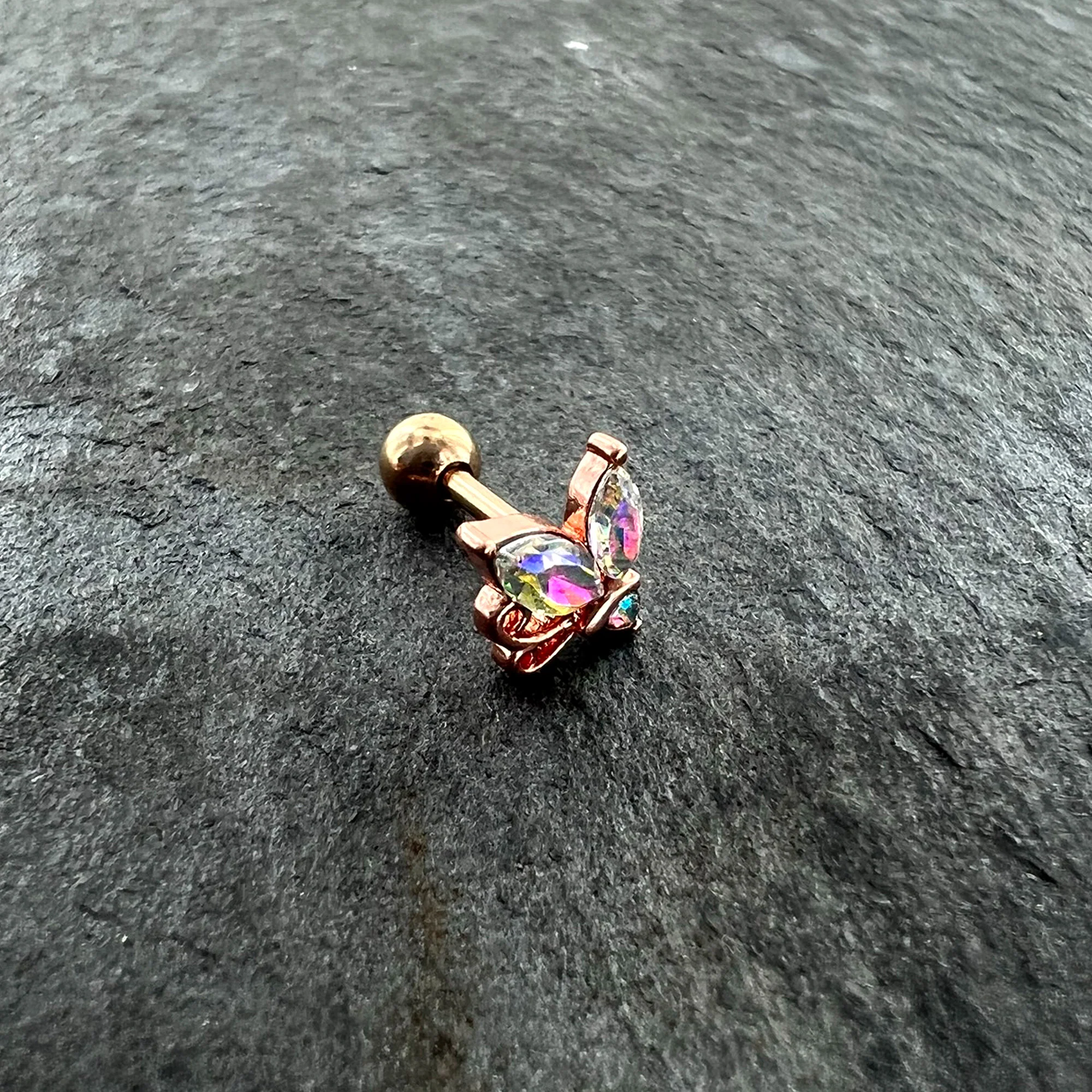 16G 1/4 Aurora CZ Gem Rose Gold Hue Fleur de Lis Cartilage Earring - Image 6