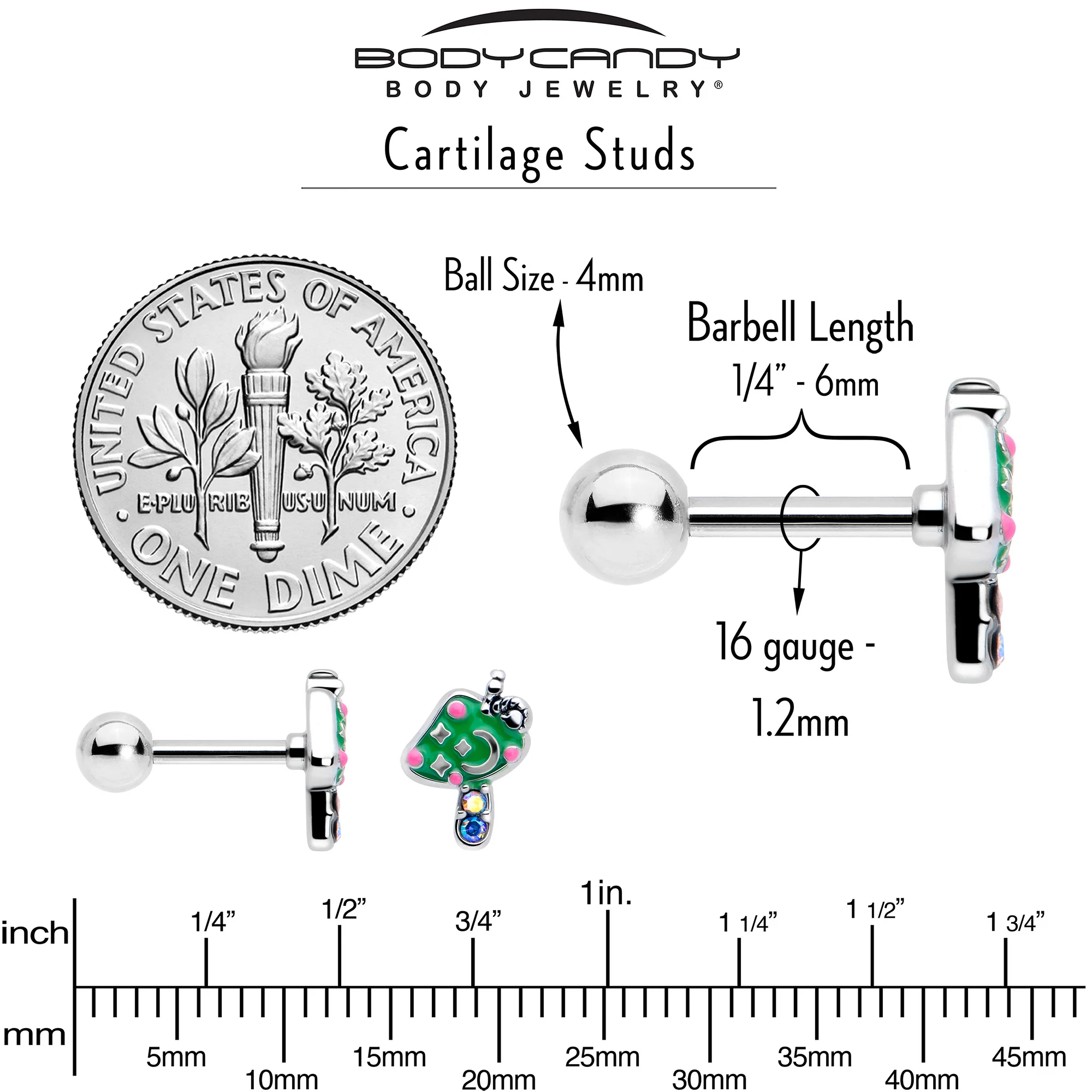 16G 1/4 Aurora Gem Fanciful Green Mushroom Cartilage Tragus Earring - Image 5
