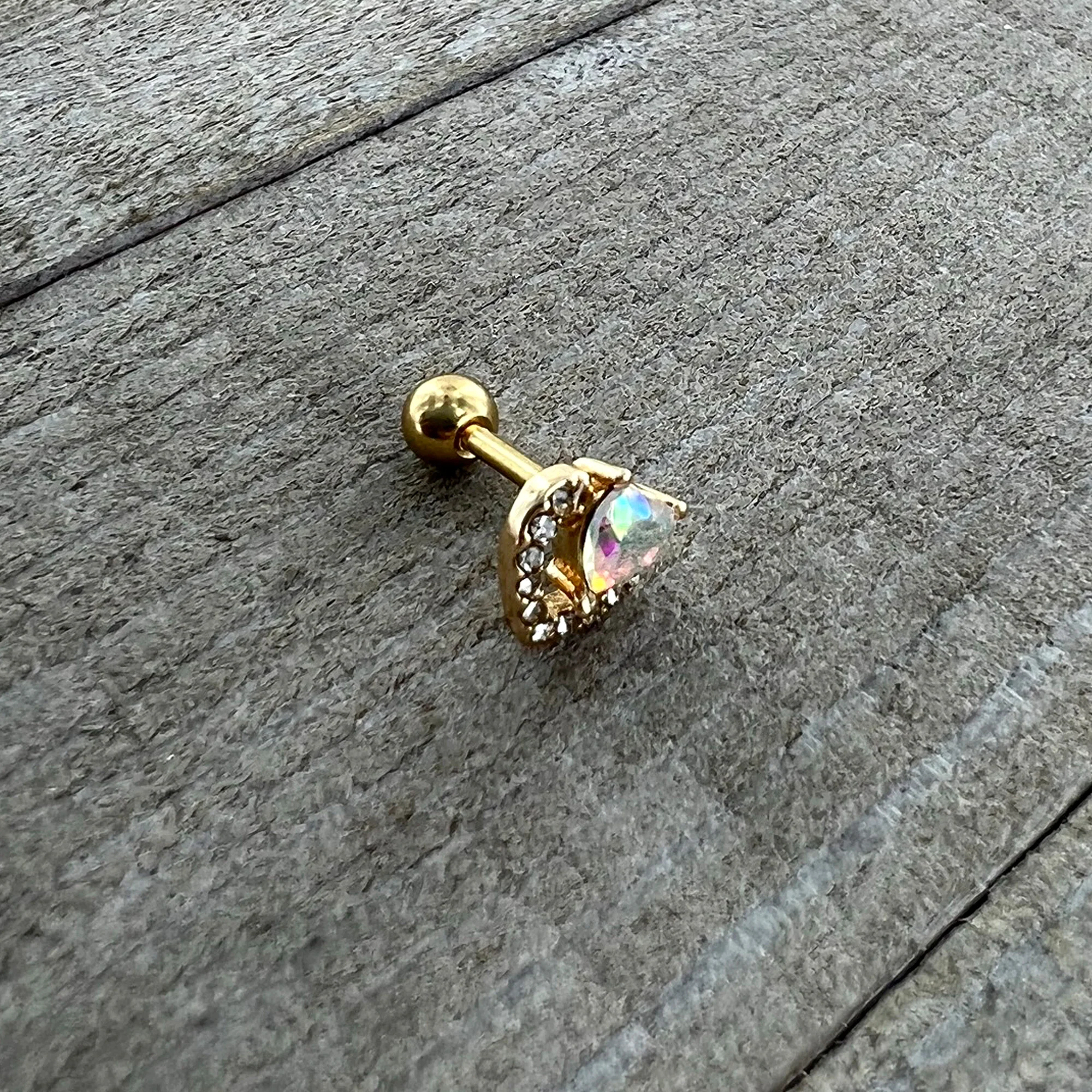 16G 1/4 Aurora Gem Gold Tone Rococo Heart Cartilage Tragus Earring - Image 6