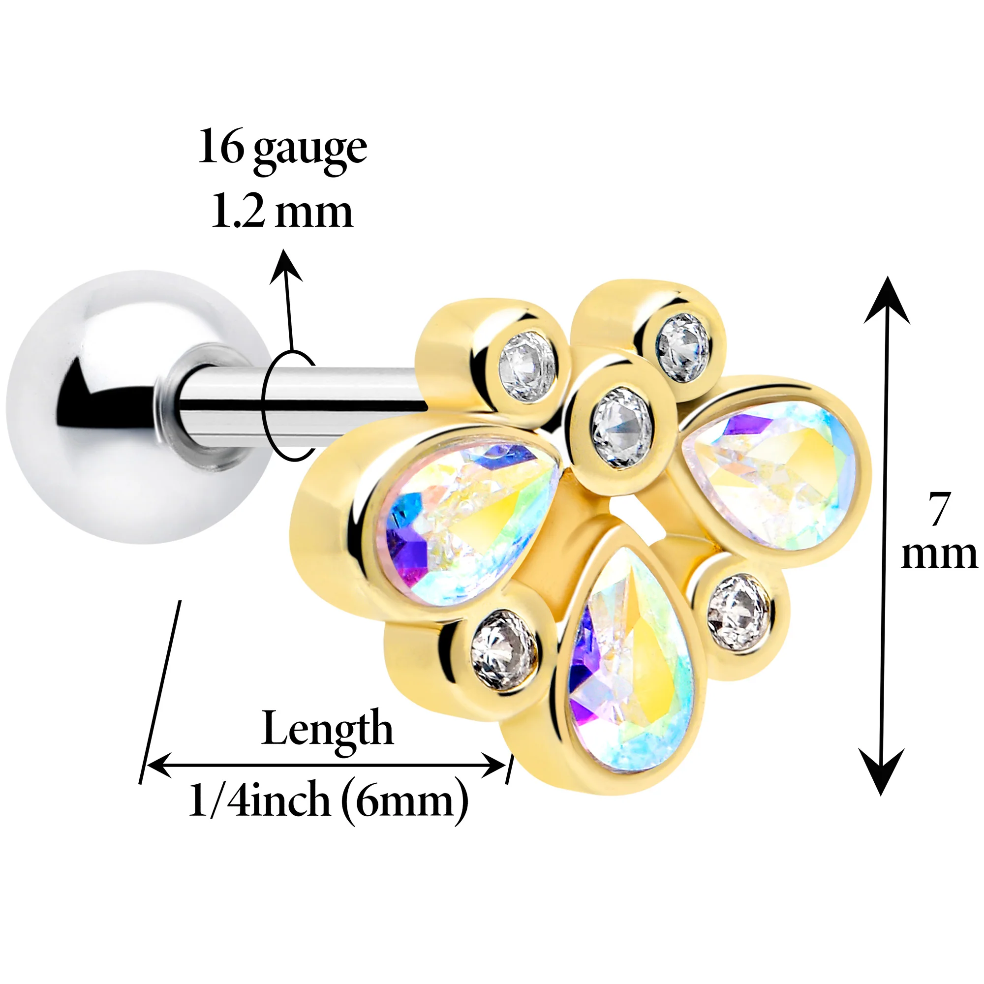 16G 1/4 Aurora Gem Golden Crown Deluxe Cartilage Tragus Earring - Image 2