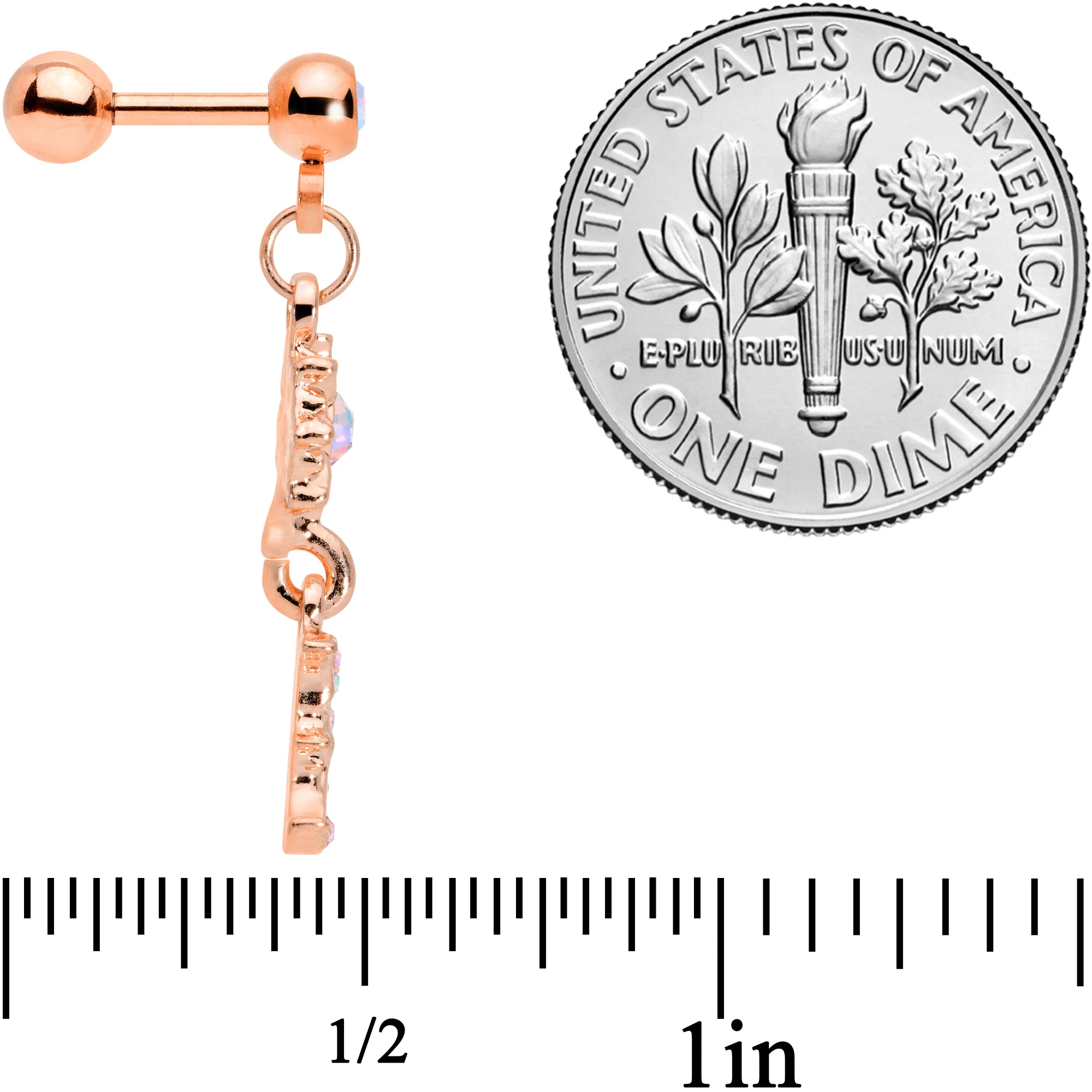 16G 1/4 Aurora Gem Rose Gold Tone Moon Dangle Cartilage Tragus - Image 4