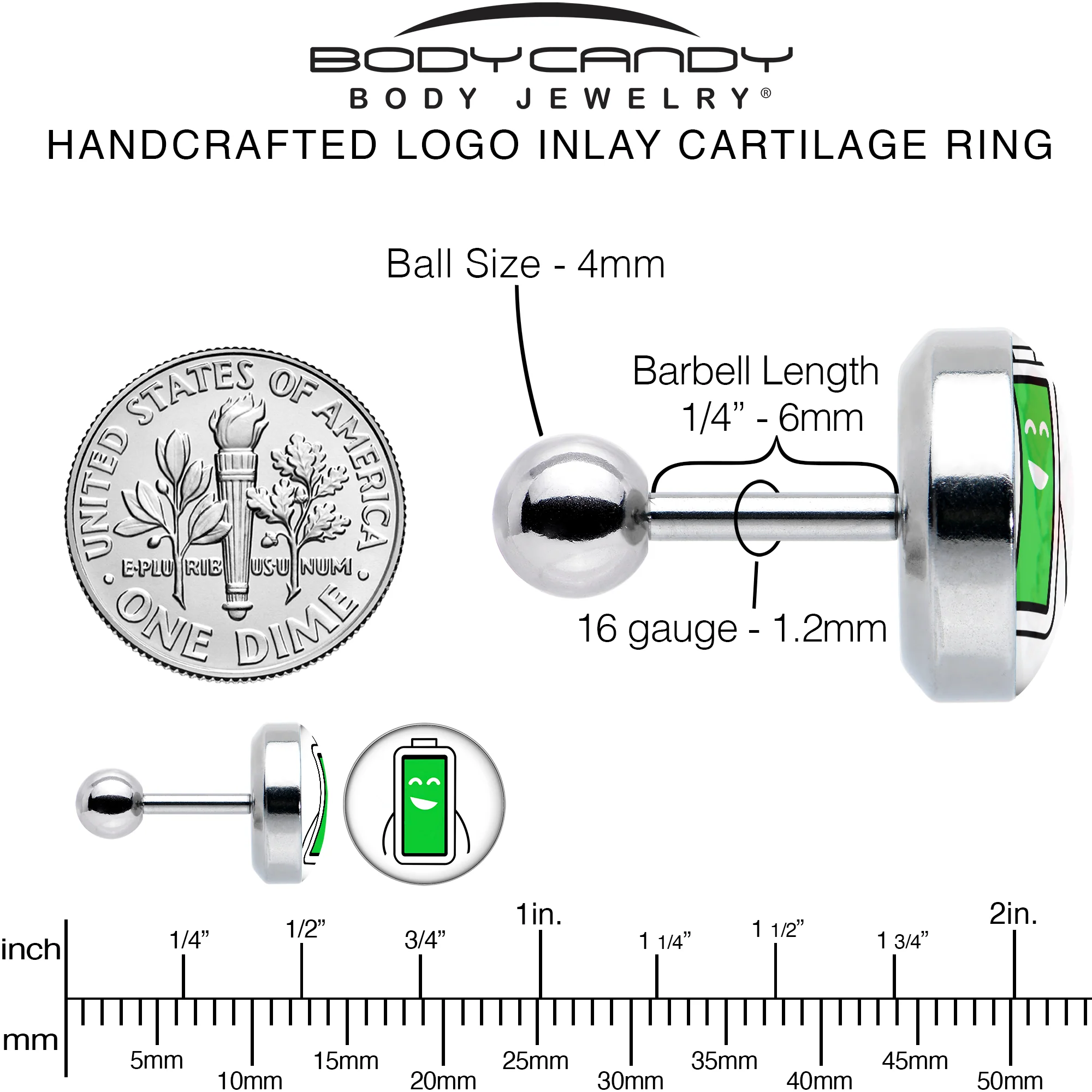 16G 1/4 Battery Full Cartilage Tragus Earring by Onyx O - Image 6