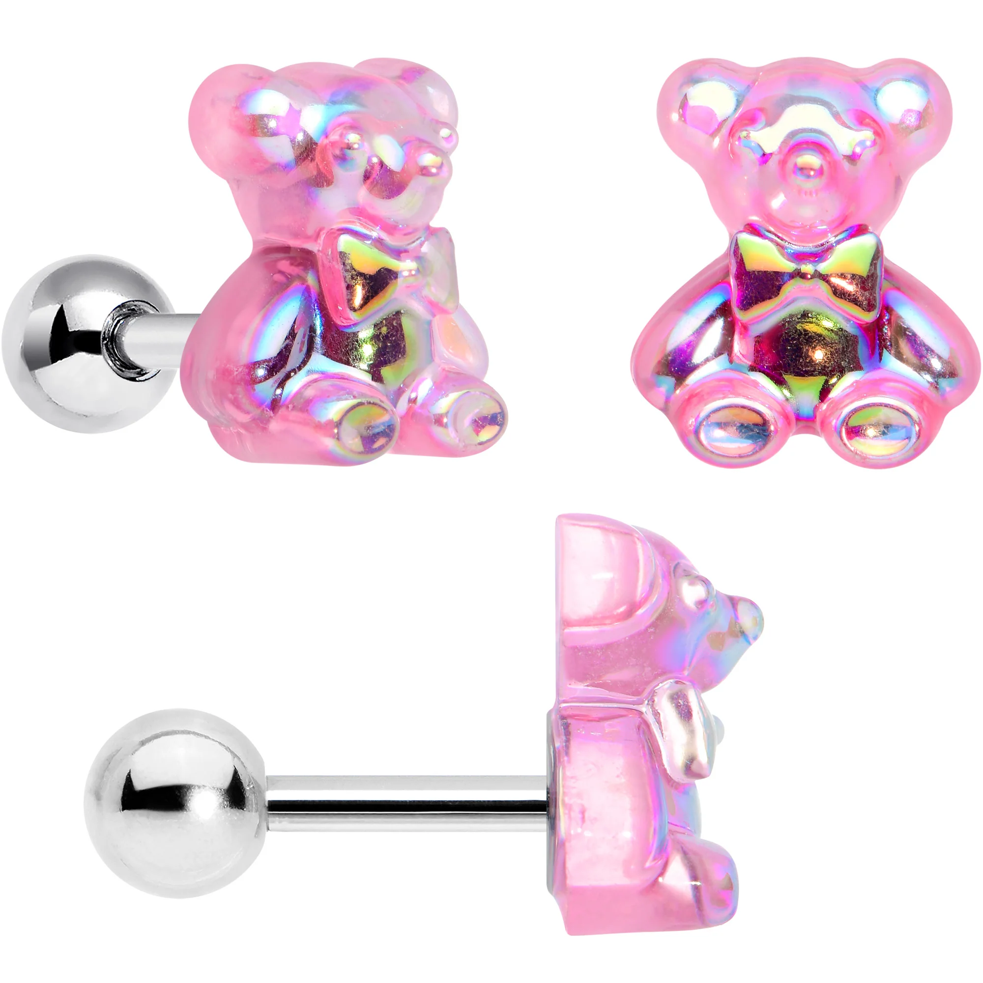 16G 1/4 Bear Pearlescent Pink Paw Cartilage Earring Curation Set of 3 - Image 2