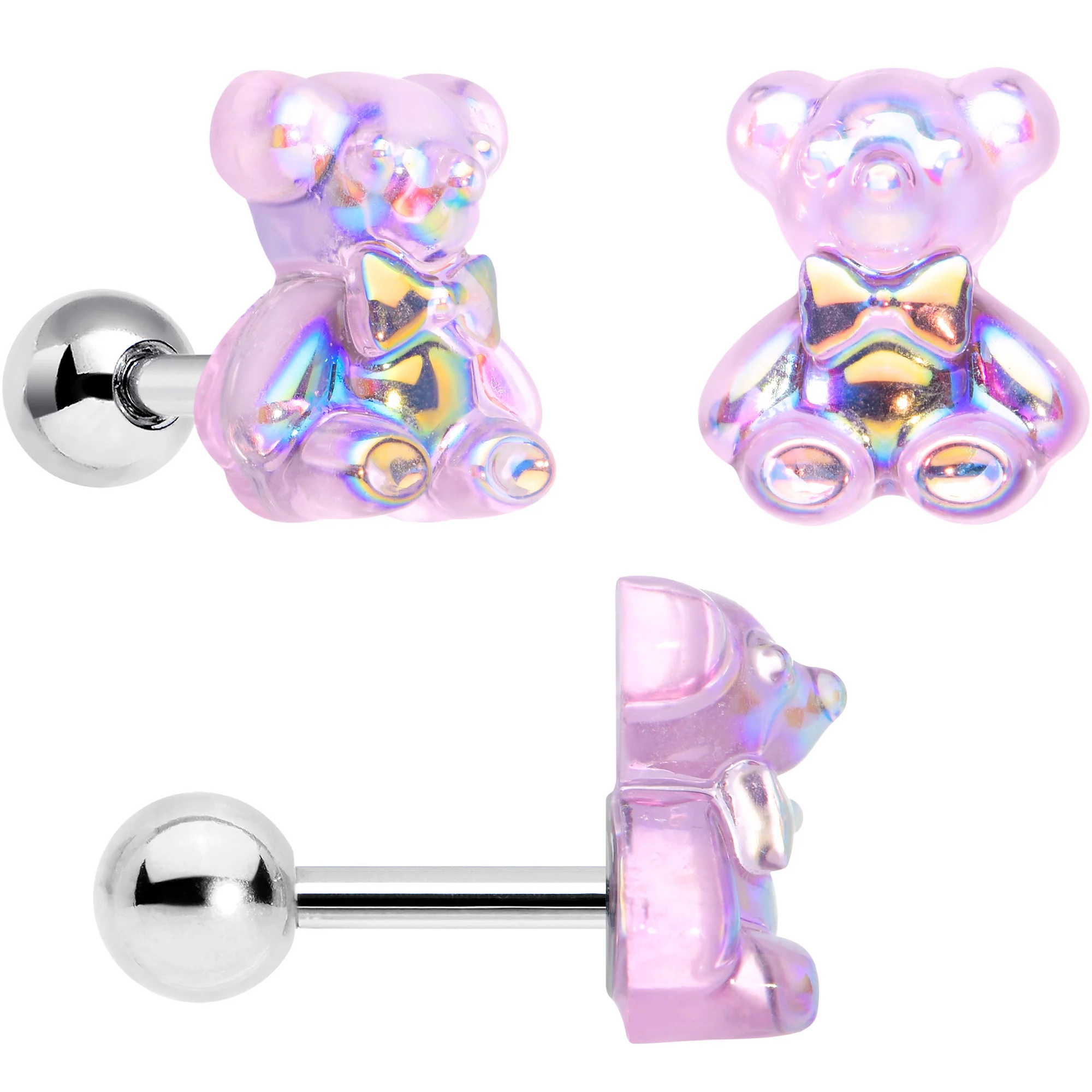 16G 1/4 Bear Pearlescent Purple Heart Cartilage Tragus Curation Set of 3 - Image 2