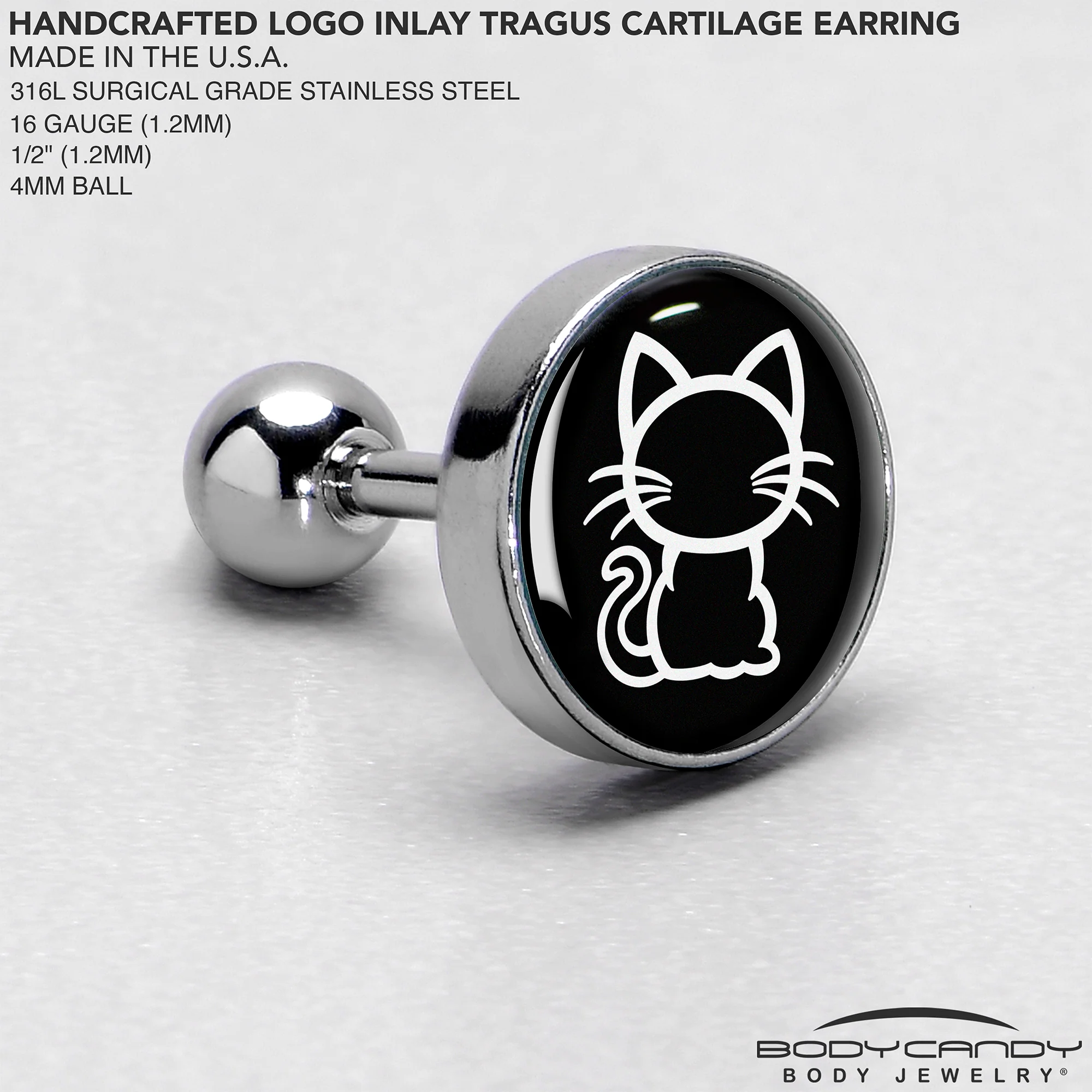 16G 1/4 Black and White Kitty Cat Cartilage Tragus Earring by Onyx O - Image 4