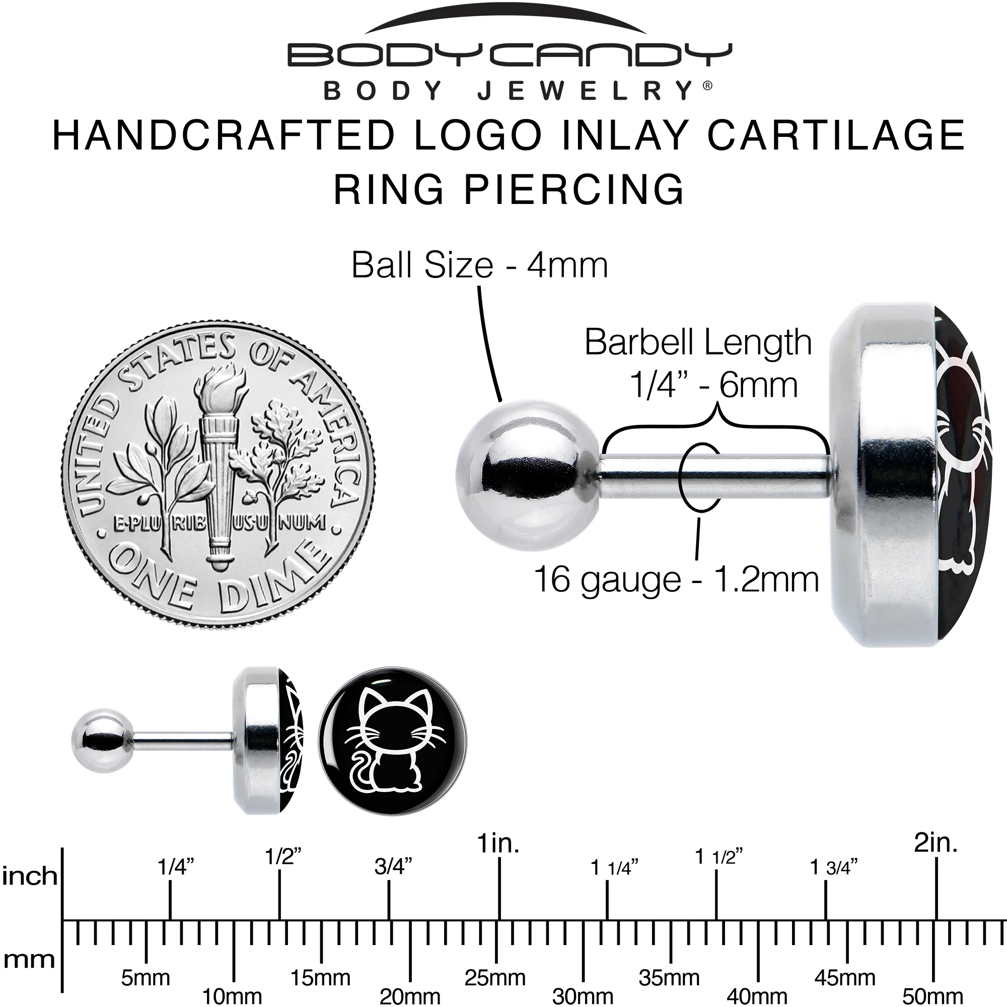 16G 1/4 Black and White Kitty Cat Cartilage Tragus Earring by Onyx O - Image 6
