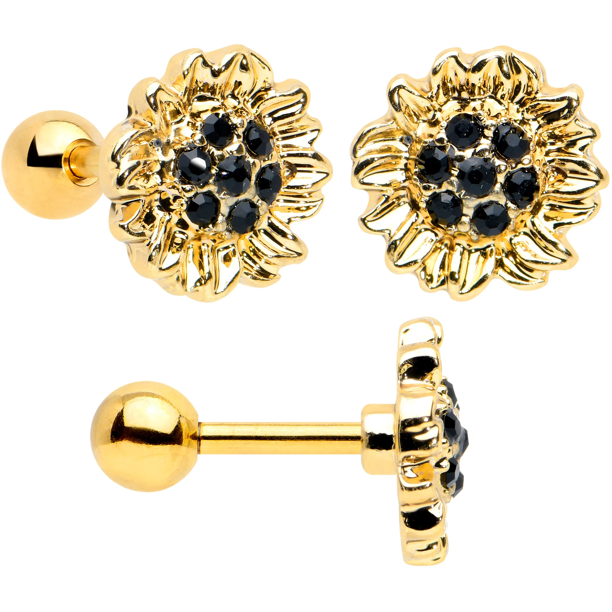 16G 1/4 Black CZ Gem Gold Tone Beehive Cartilage Earring Set of 3 - Image 2
