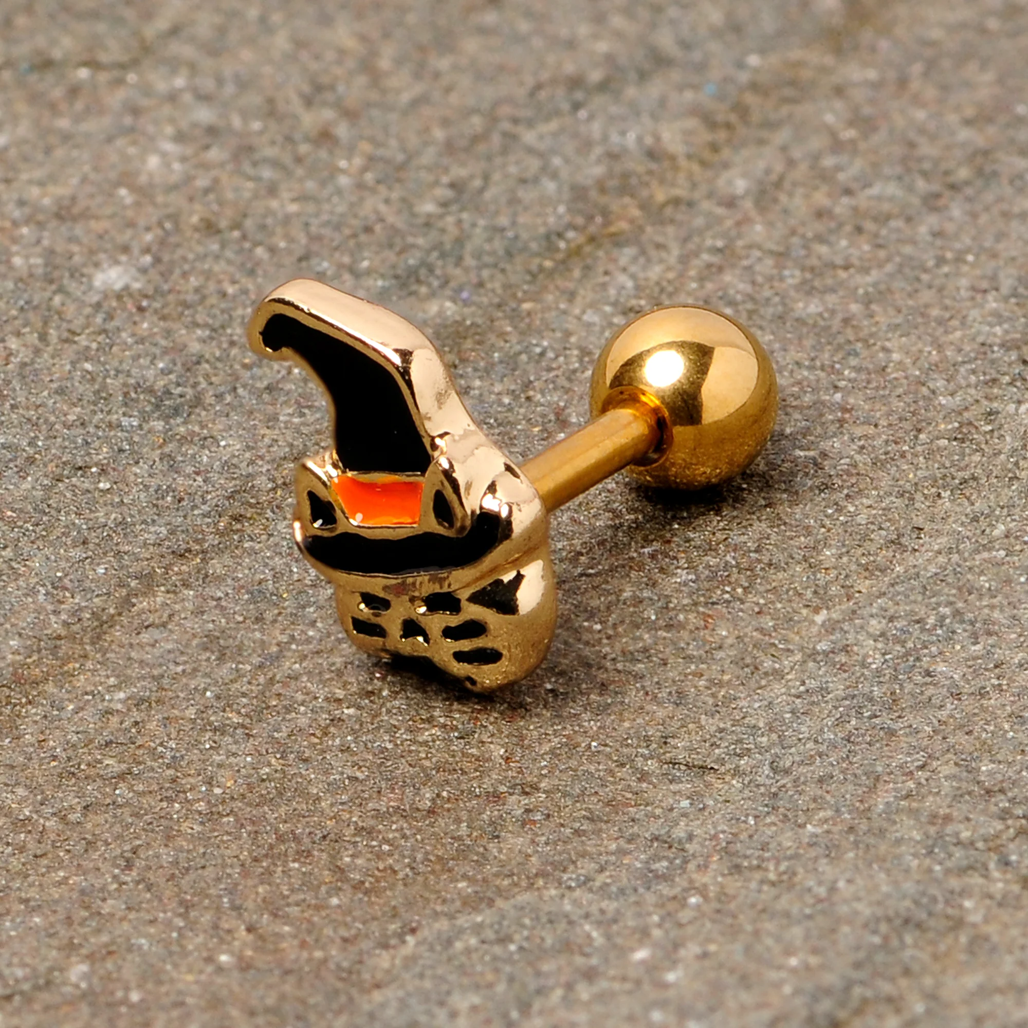 16G 1/4 Black Gold Tone Witch Hat Cat Halloween Cartilage Tragus - Image 3
