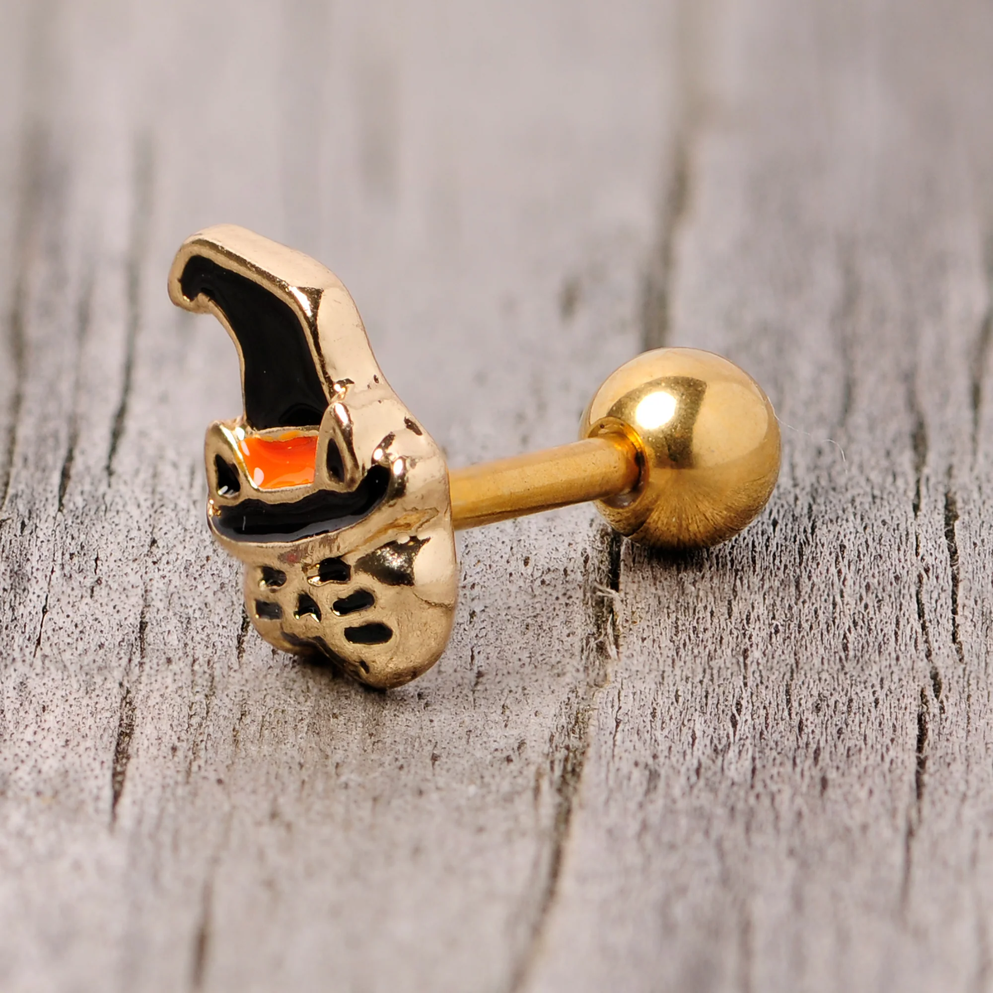 16G 1/4 Black Gold Tone Witch Hat Cat Halloween Cartilage Tragus - Image 5