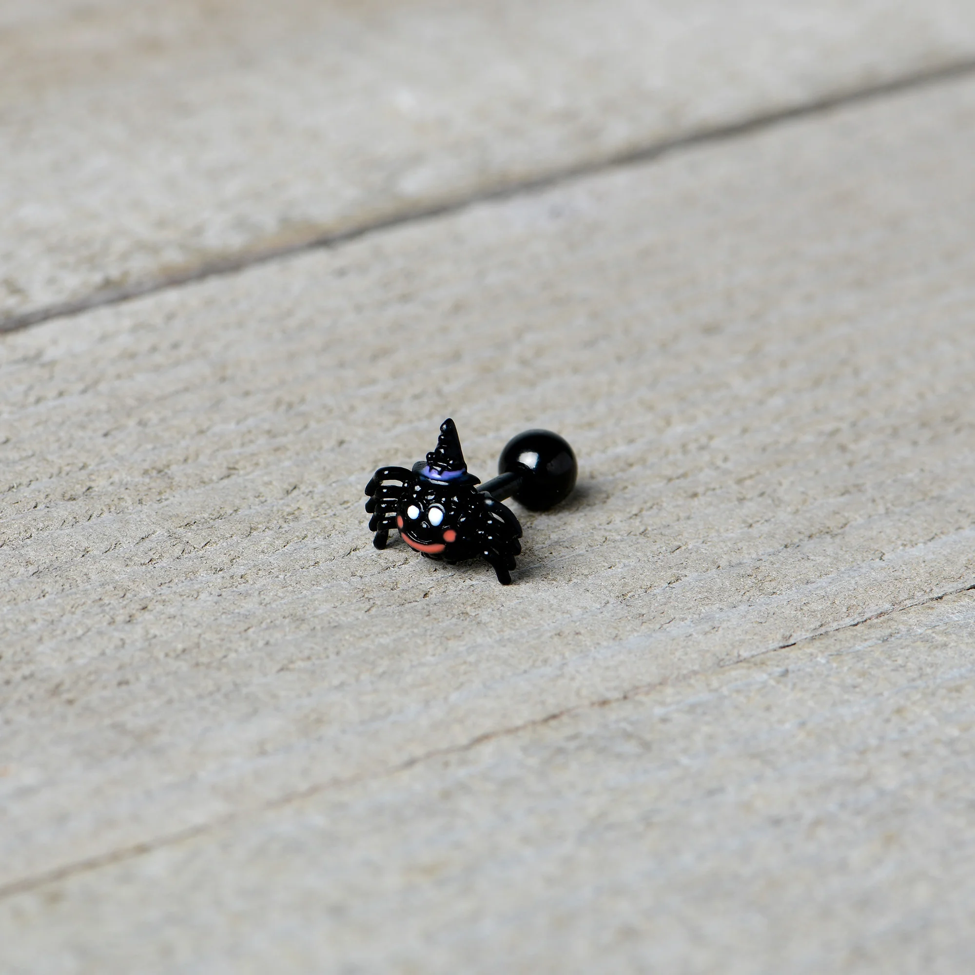 16G 1/4 Black Halloween Witchy Smiling Spider Cartilage Earring - Image 7