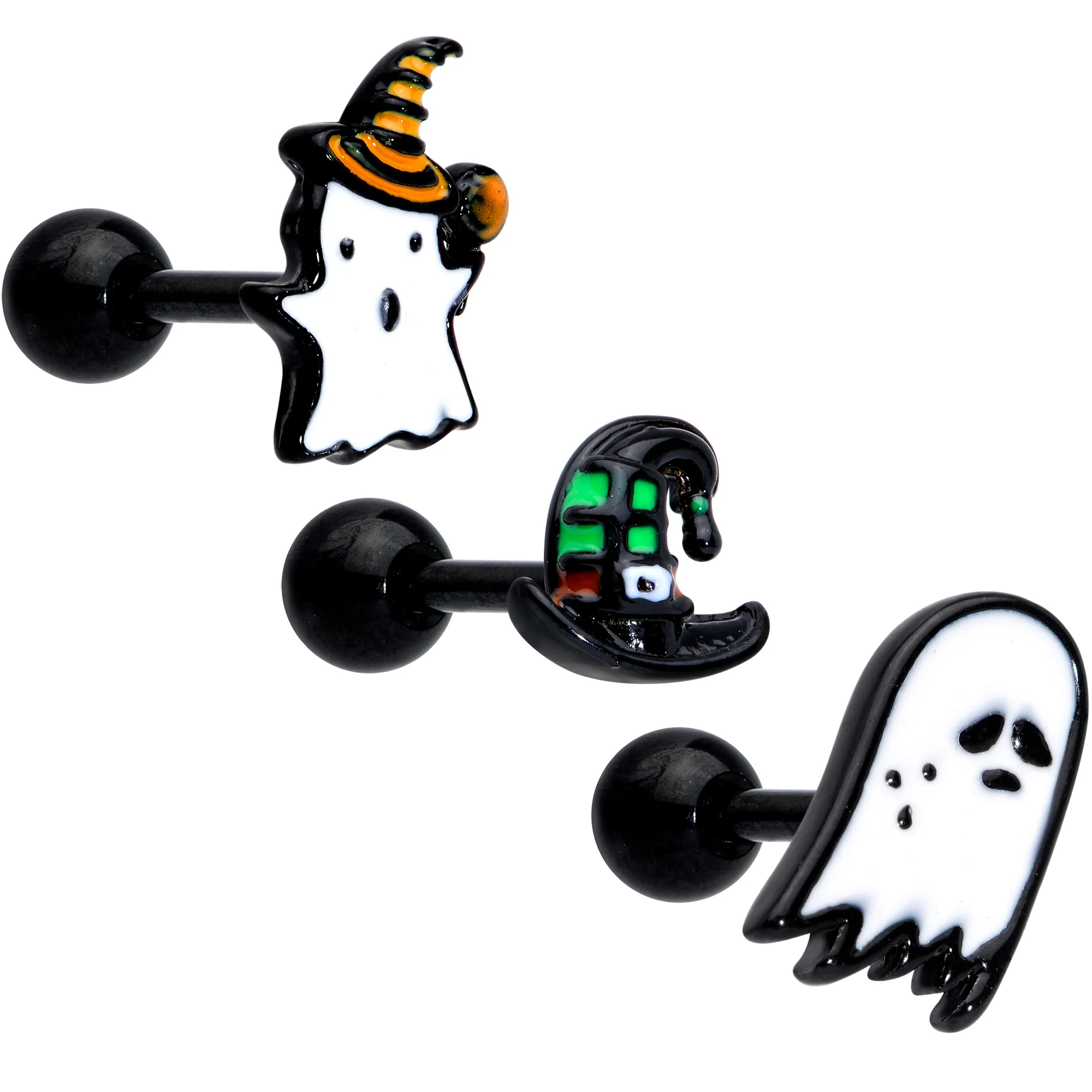16G 1/4 Black Hat Sad Ghost Halloween Cartilage Tragus Set of 3