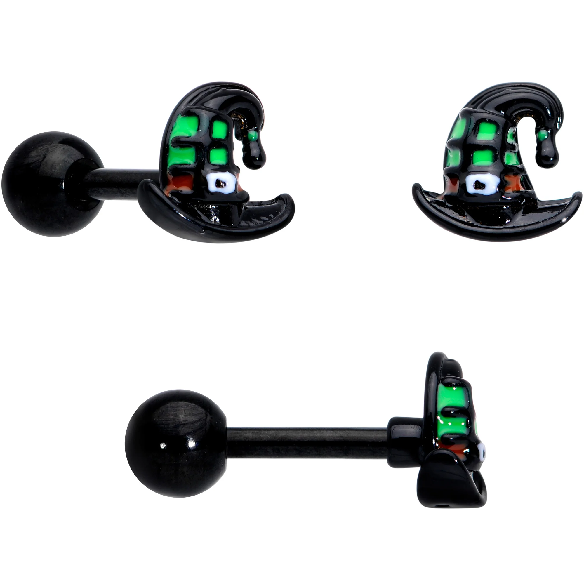 16G 1/4 Black Hat Sad Ghost Halloween Cartilage Tragus Set of 3 - Image 3