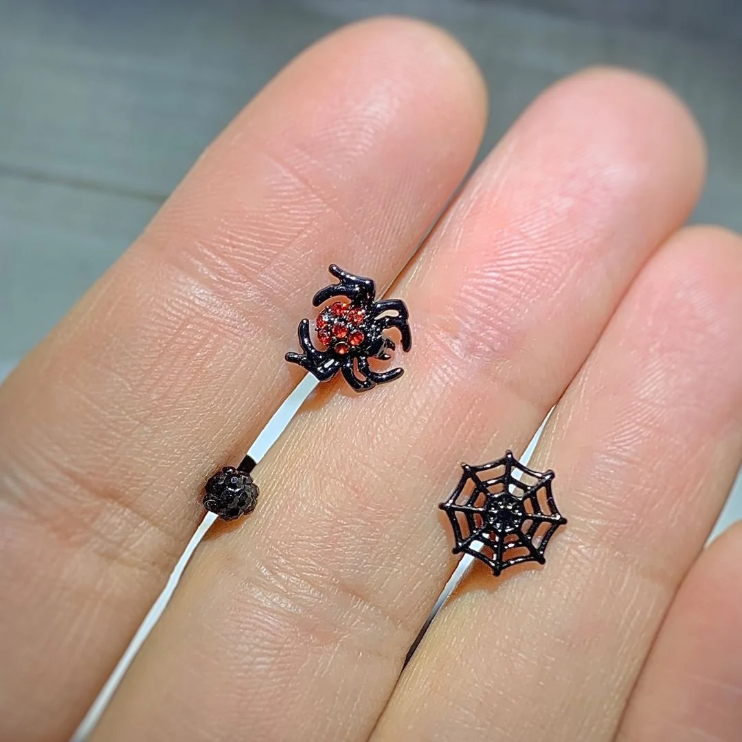 16G 1/4 Black Red Gem Spider Halloween Cartilage Tragus Set of 3 - Image 2