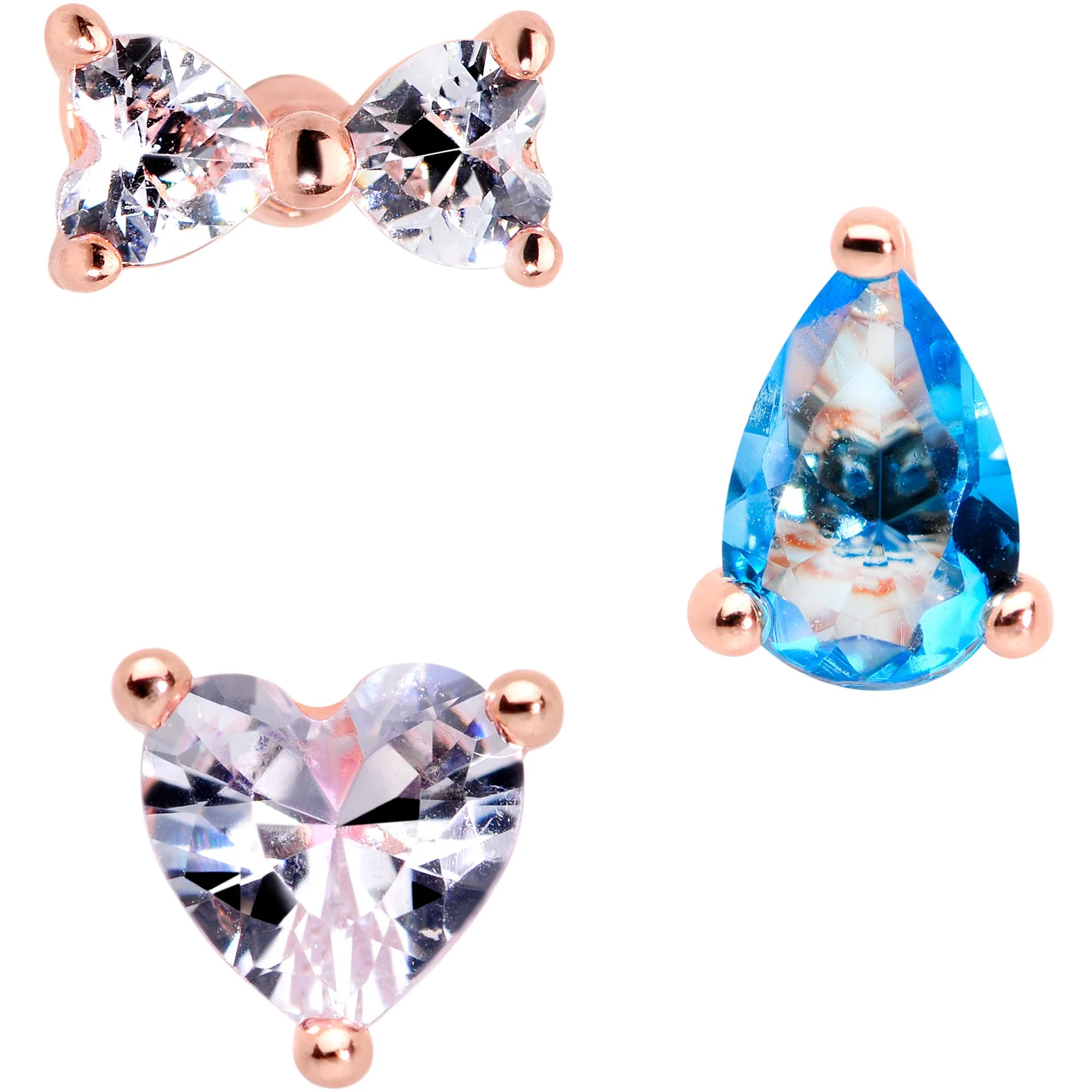 16G 1/4 Blue Clear CZ Rose Gold Tone Triangle Tragus Set of 3 - Image 2