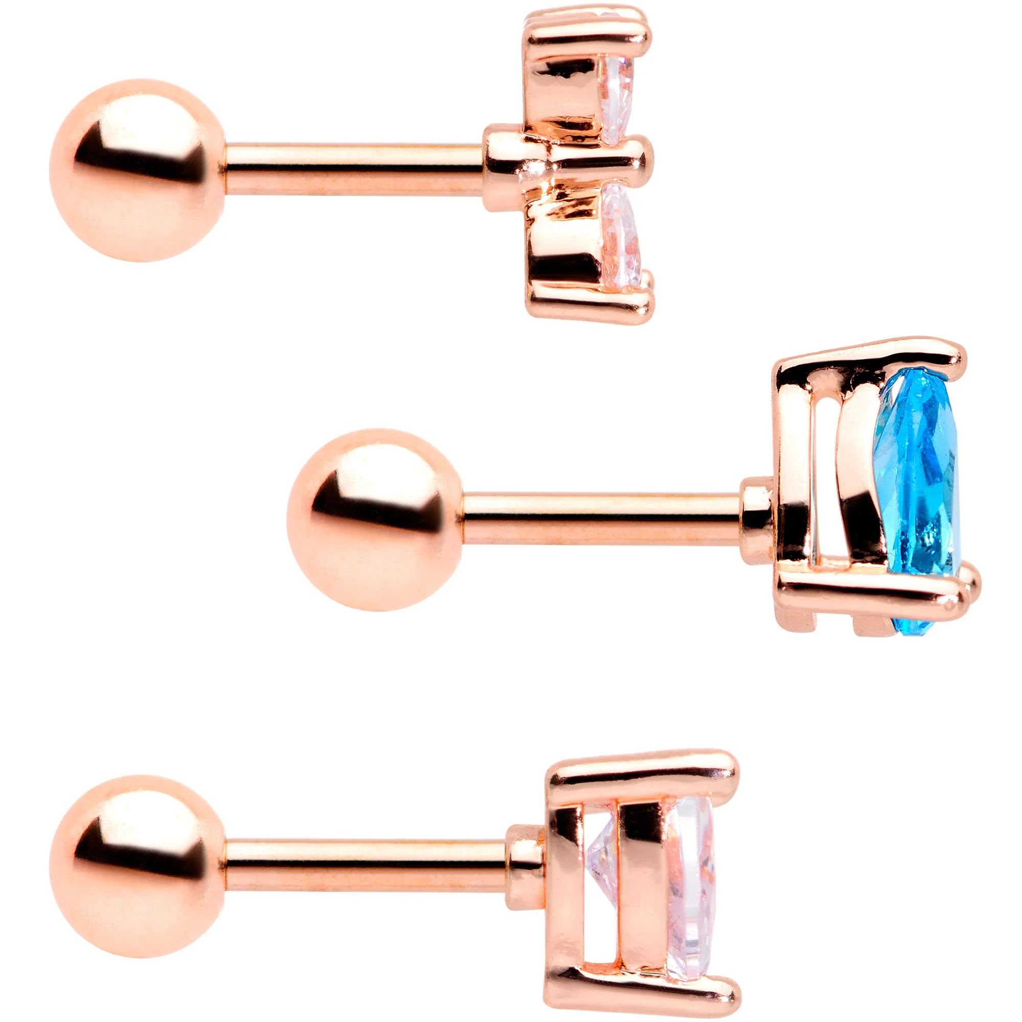 16G 1/4 Blue Clear CZ Rose Gold Tone Triangle Tragus Set of 3 - Image 3