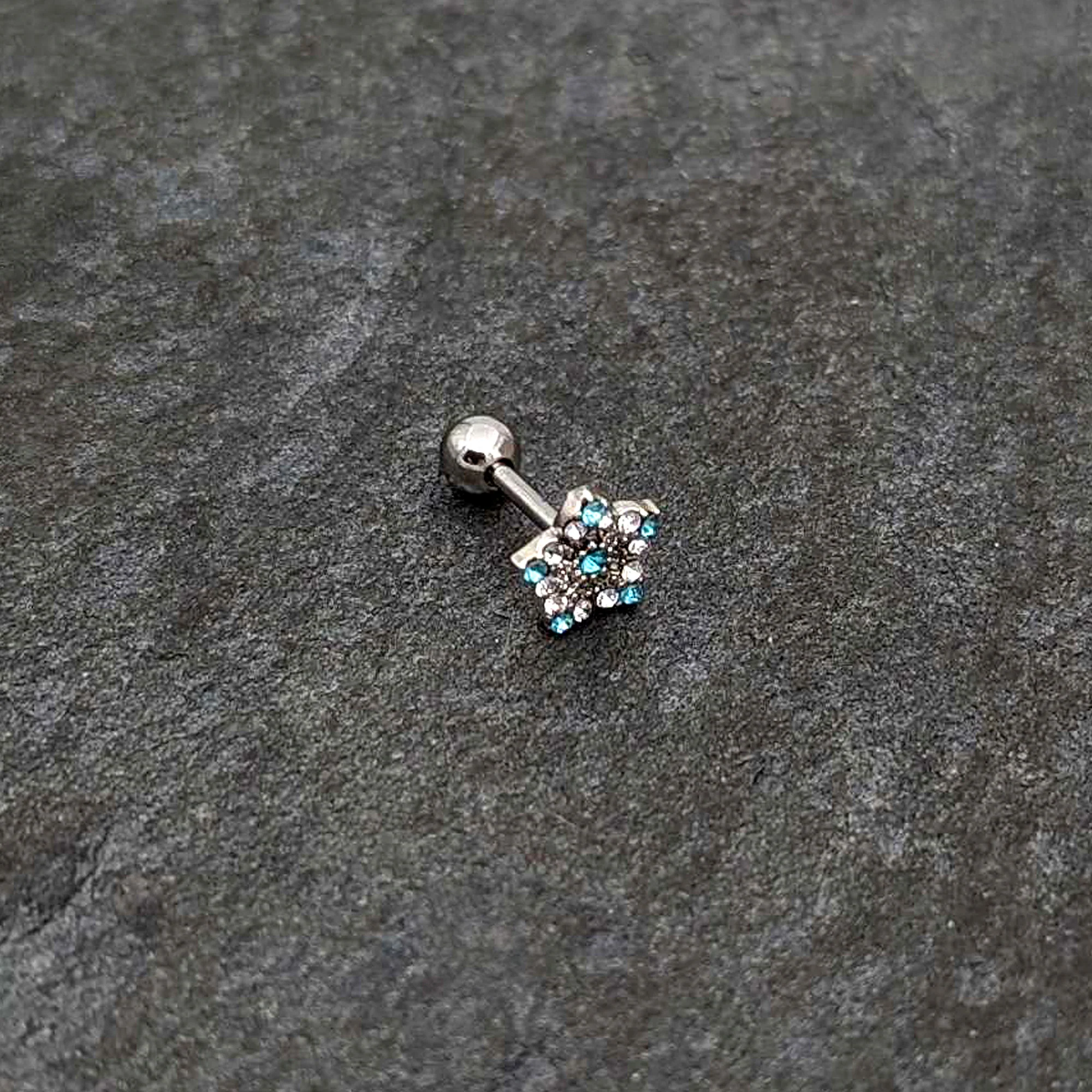 16G 1/4 Blue Clear Gem Opulent Flower Cartilage Tragus Earring - Image 6