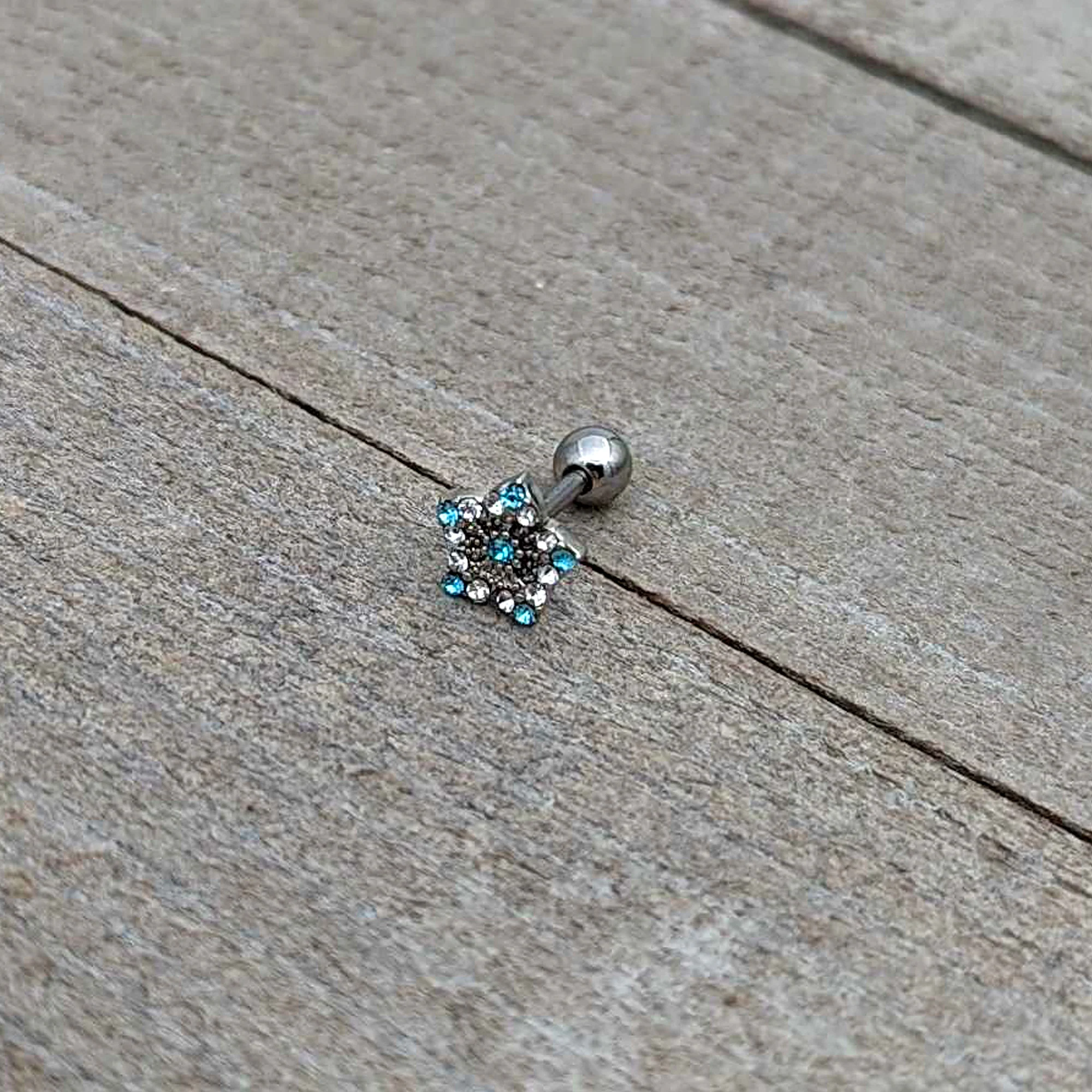 16G 1/4 Blue Clear Gem Opulent Flower Cartilage Tragus Earring - Image 7