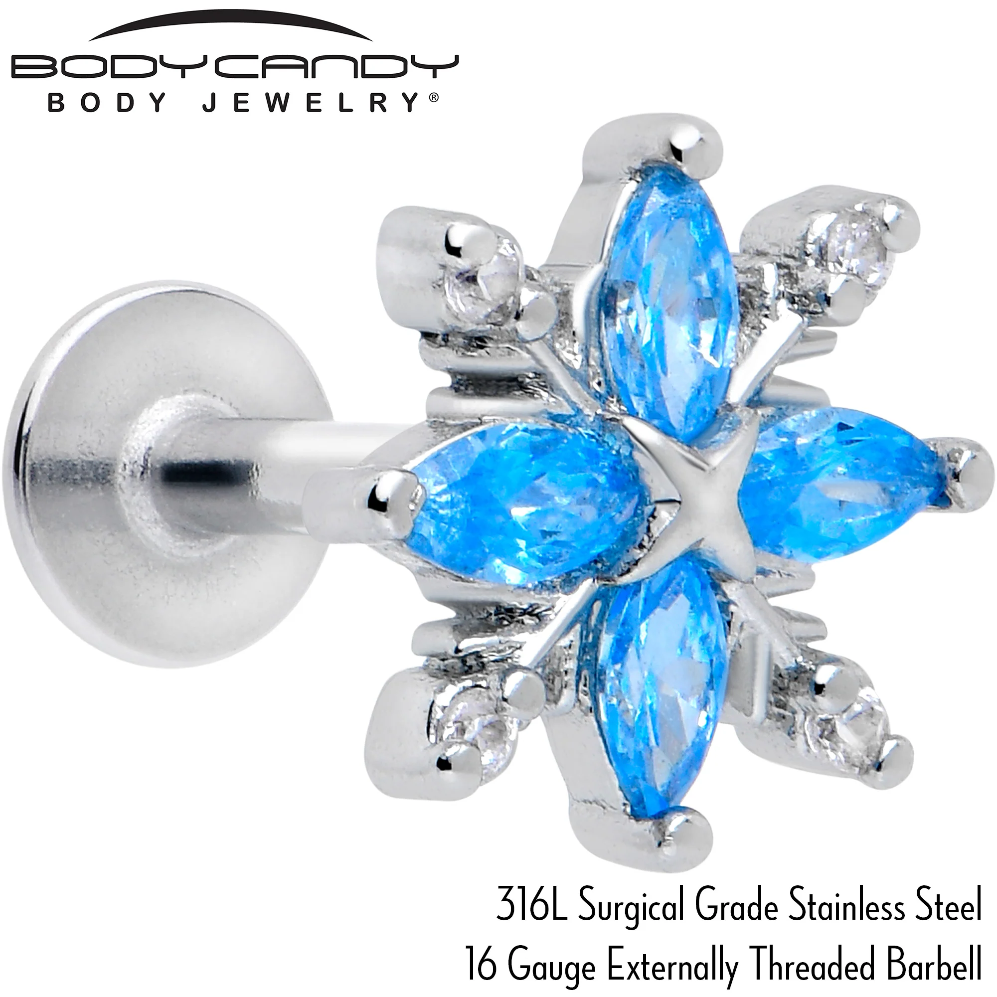 16G 1/4 Blue CZ Gem Classic Flower Flatback Stud - Image 2