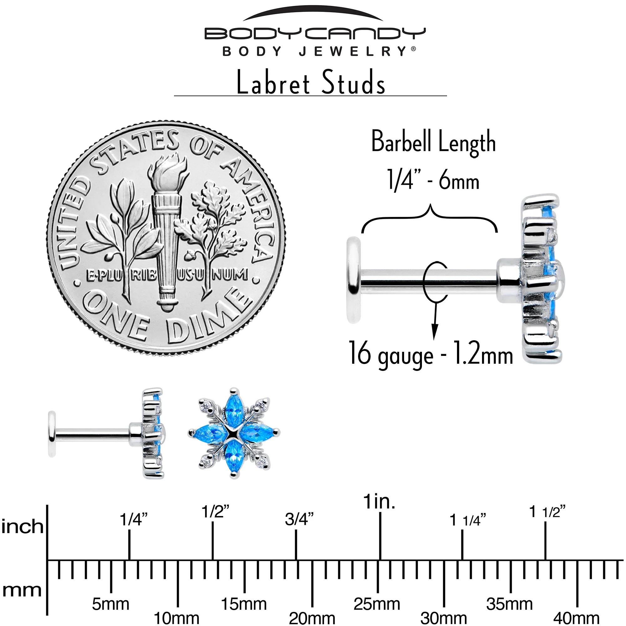 16G 1/4 Blue CZ Gem Classic Flower Flatback Stud - Image 5