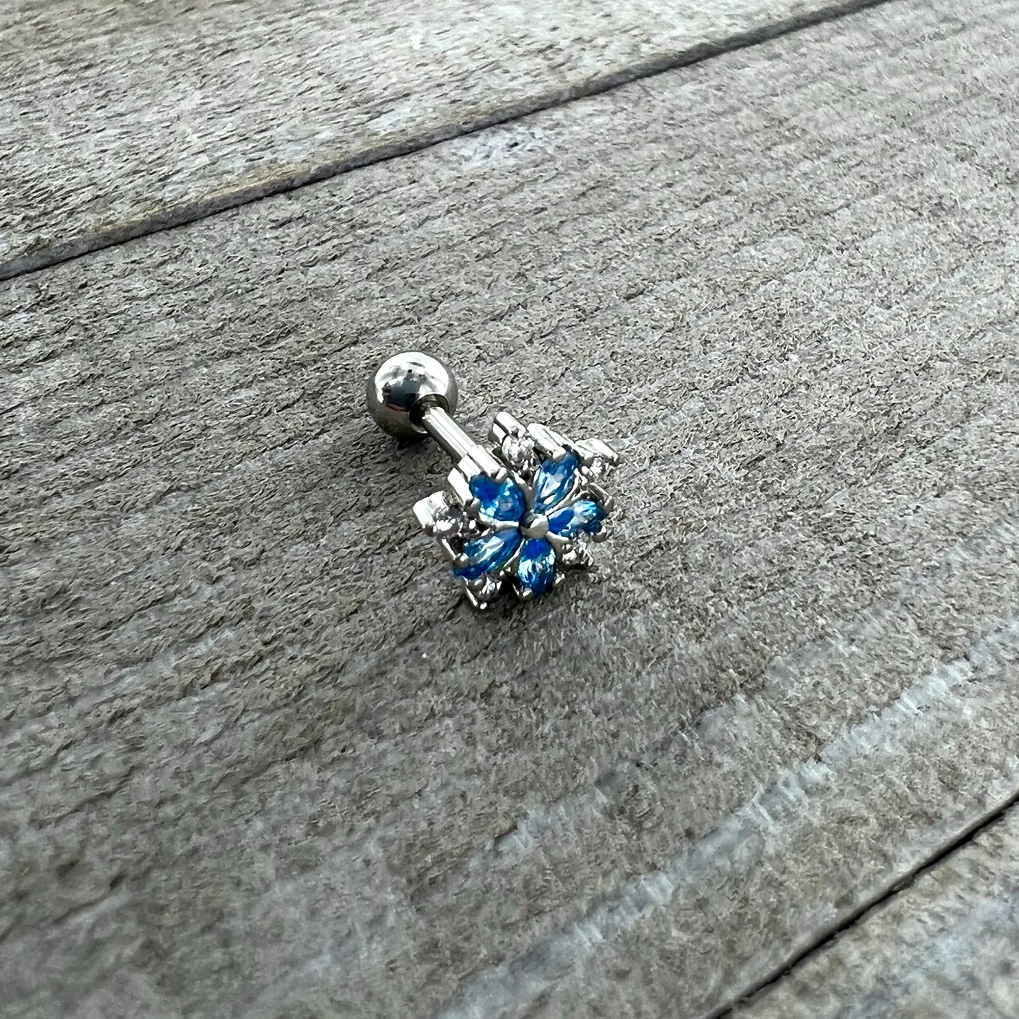 16G 1/4 Blue CZ Gem Floral Burst Cartilage Tragus Earring - Image 6