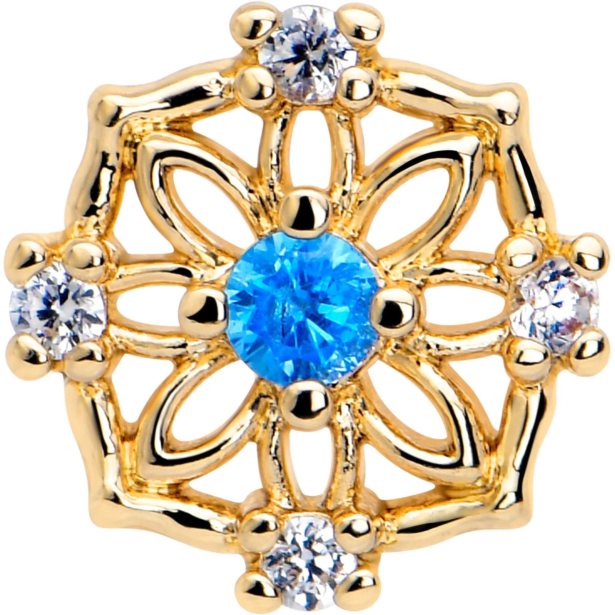 16G 1/4 Blue CZ Gem Gold Tone Flower Ring Cartilage Tragus Earring - Image 3
