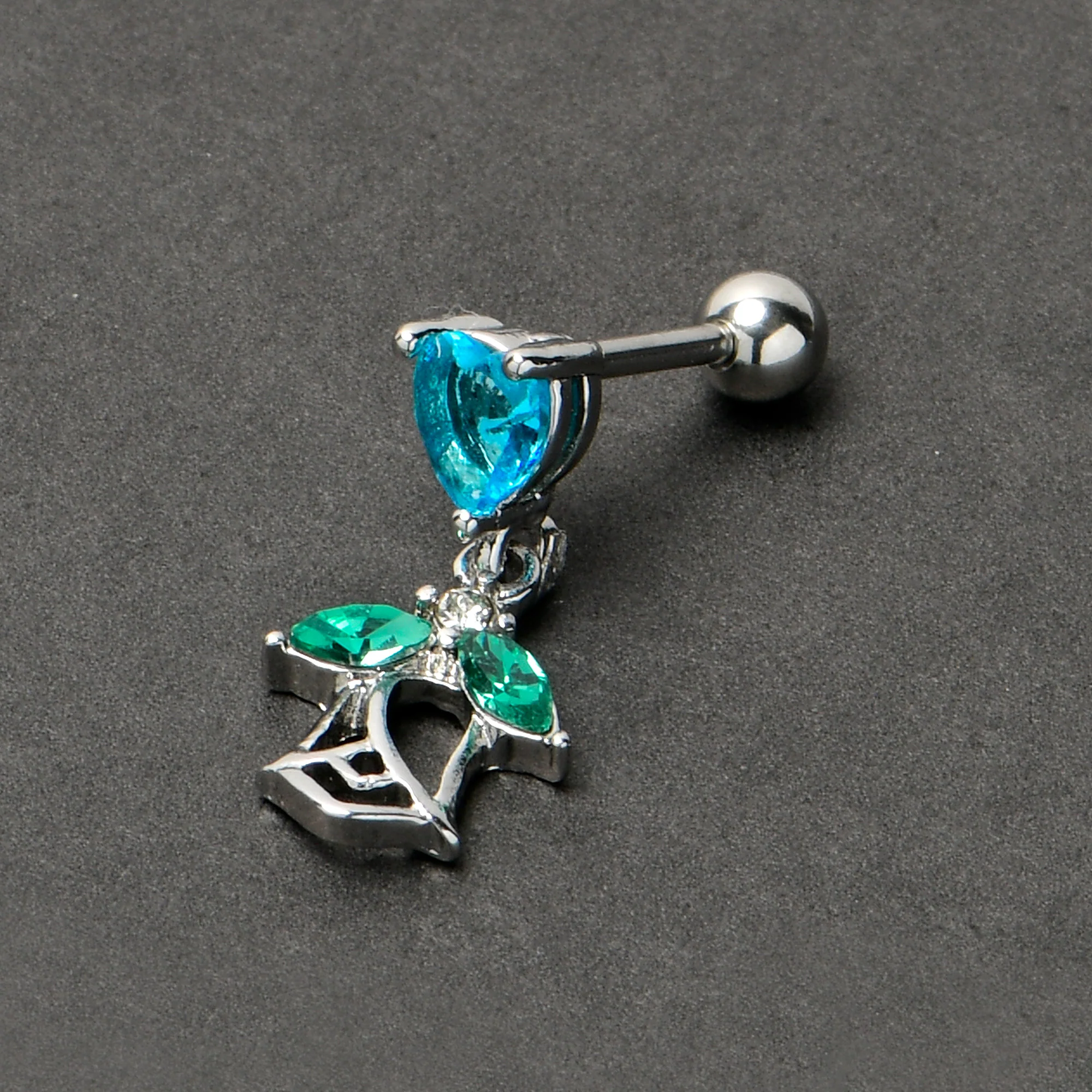 16G 1/4 Blue CZ Gem Heart And Rose Dangle Cartilage Earring - Image 6