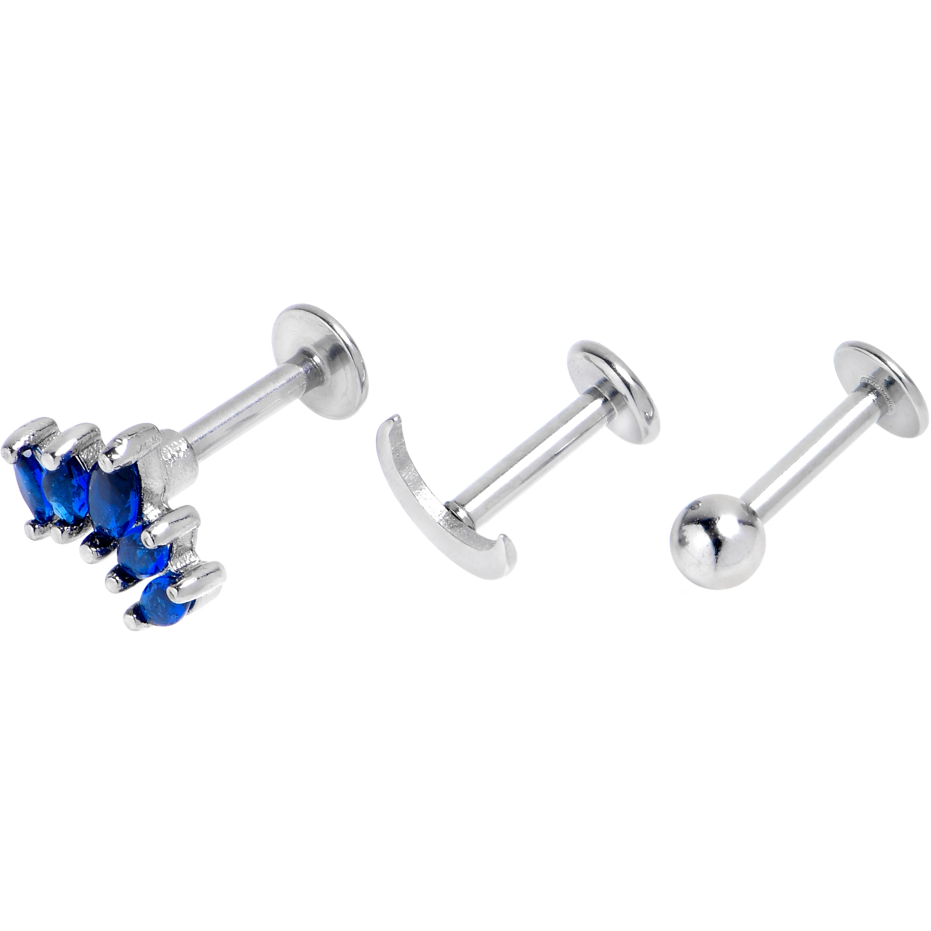 16G 1/4 Blue CZ Gem Moon Arch Labret Tragus Set of 3 - Image 2