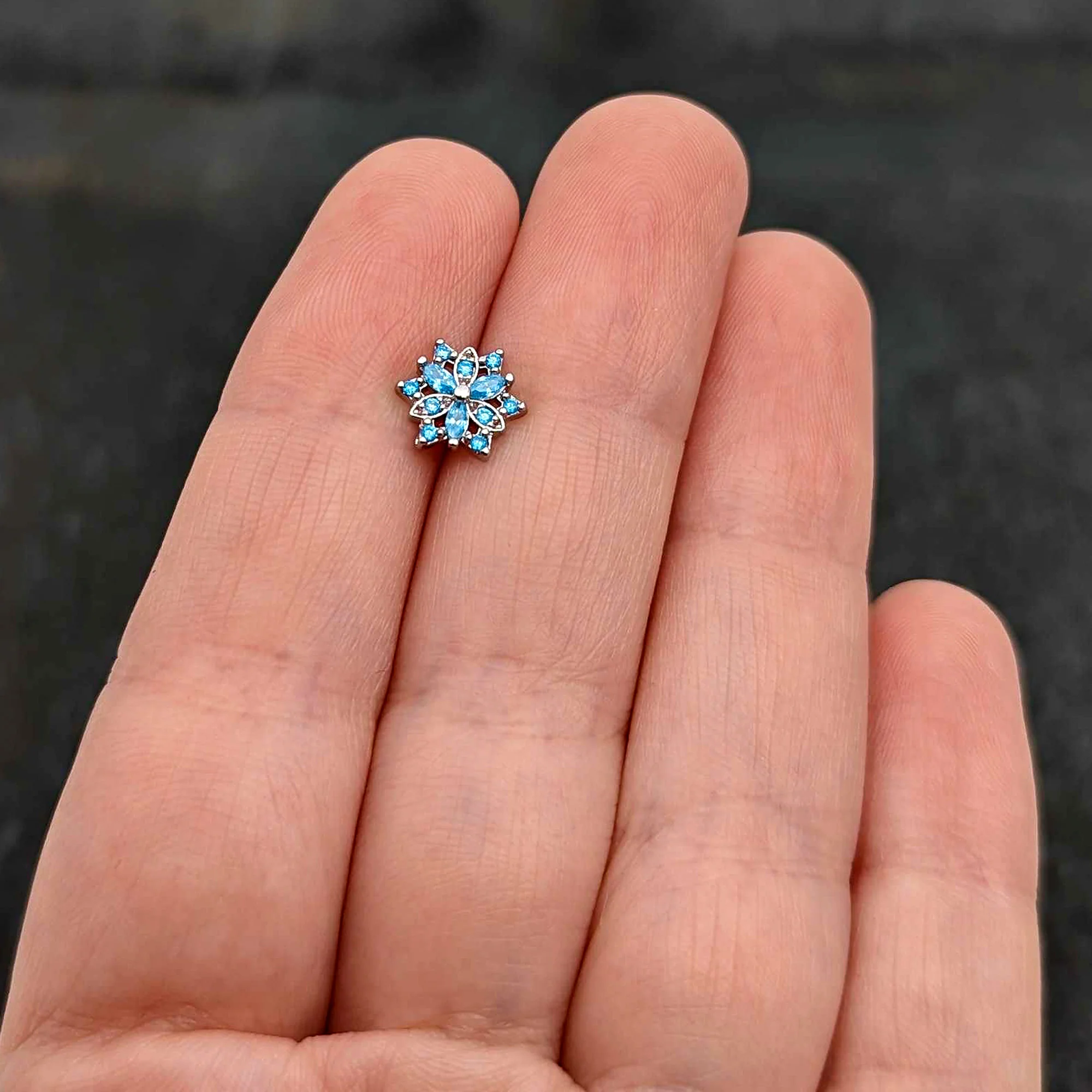 16G 1/4 Blue CZ Gem Snowflake Blues Cartilage Tragus Earring - Image 8