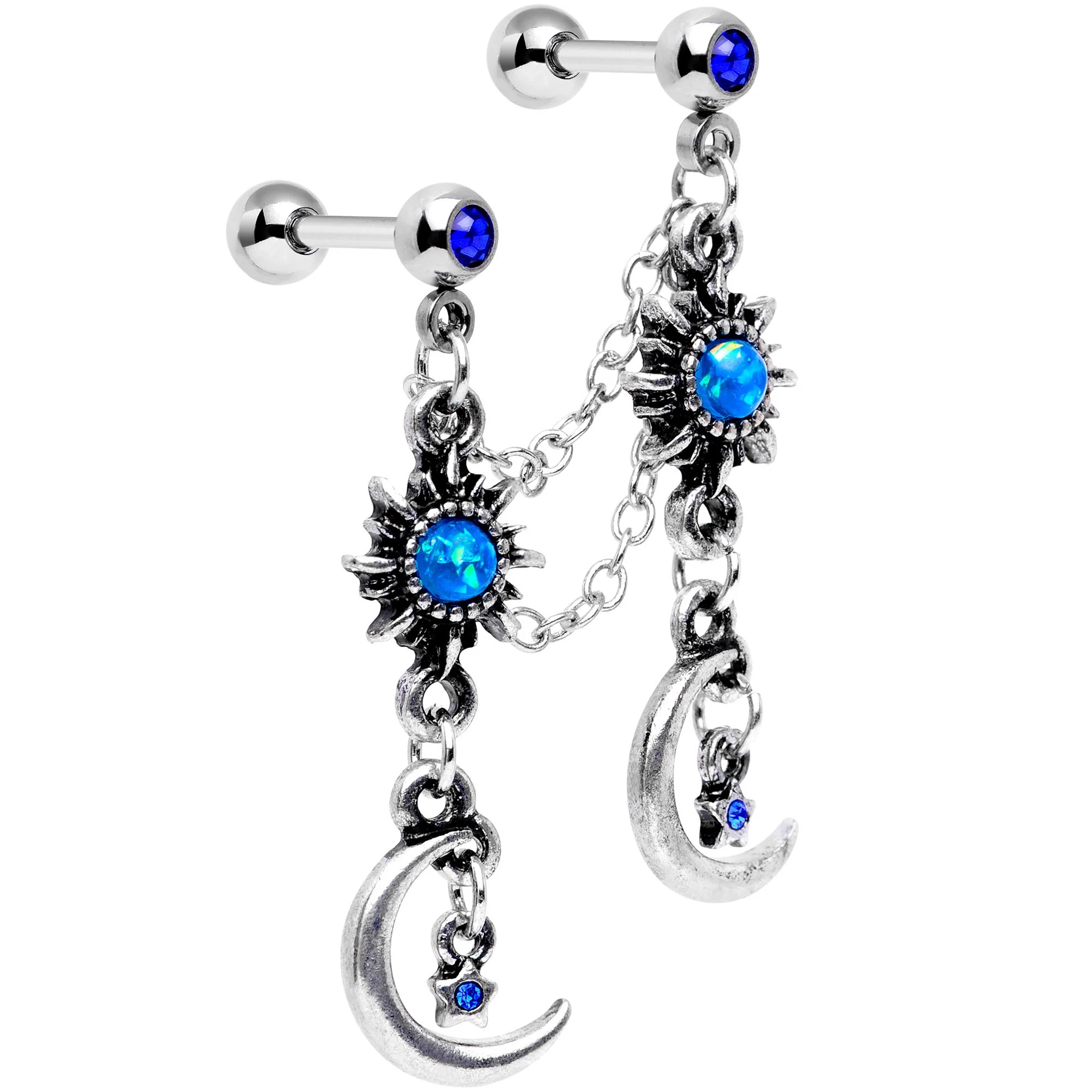 16G 1/4 Blue Gem Crescent Moon Star Cartilage Chain Earring - Image 2