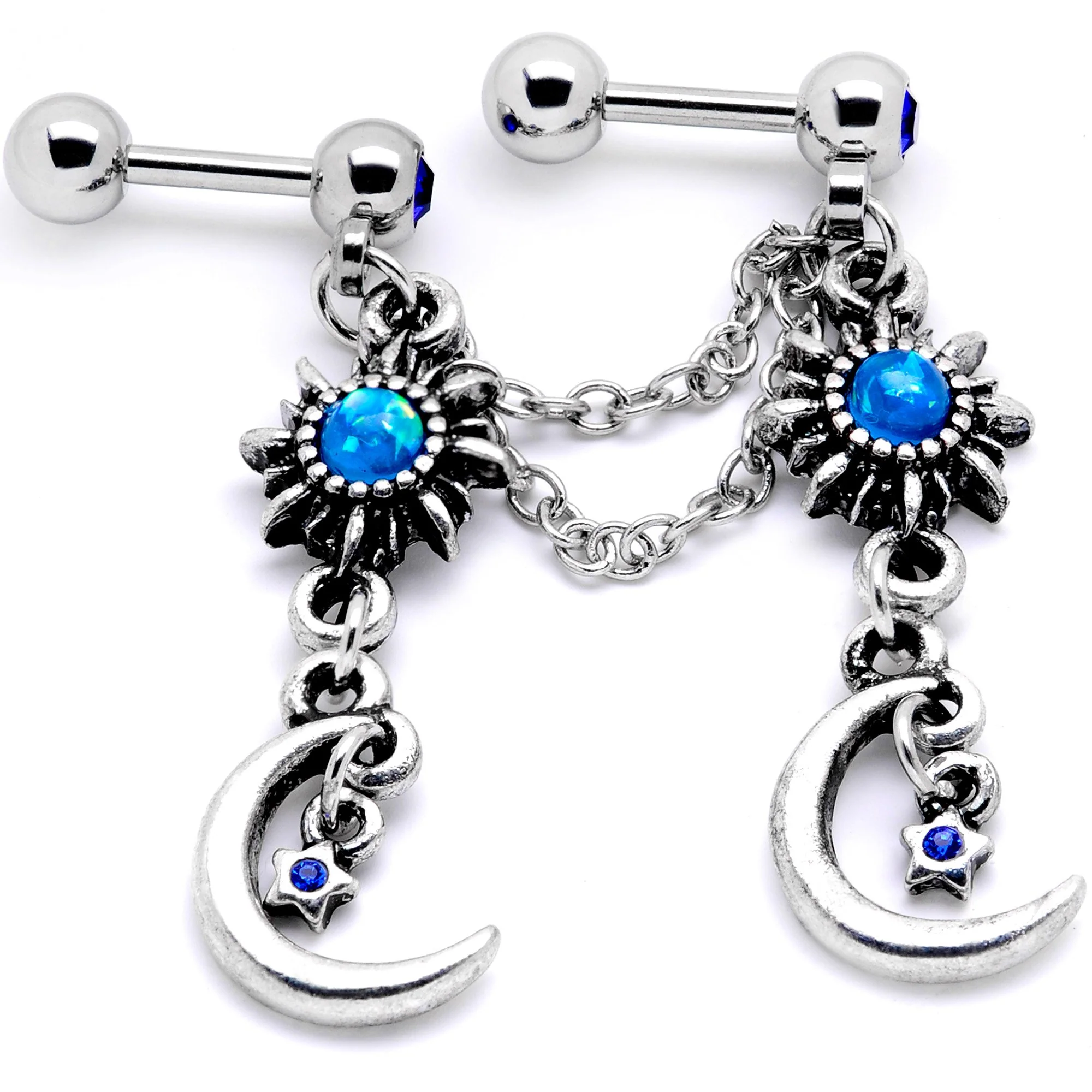 16G 1/4 Blue Gem Crescent Moon Star Cartilage Chain Earring - Image 3