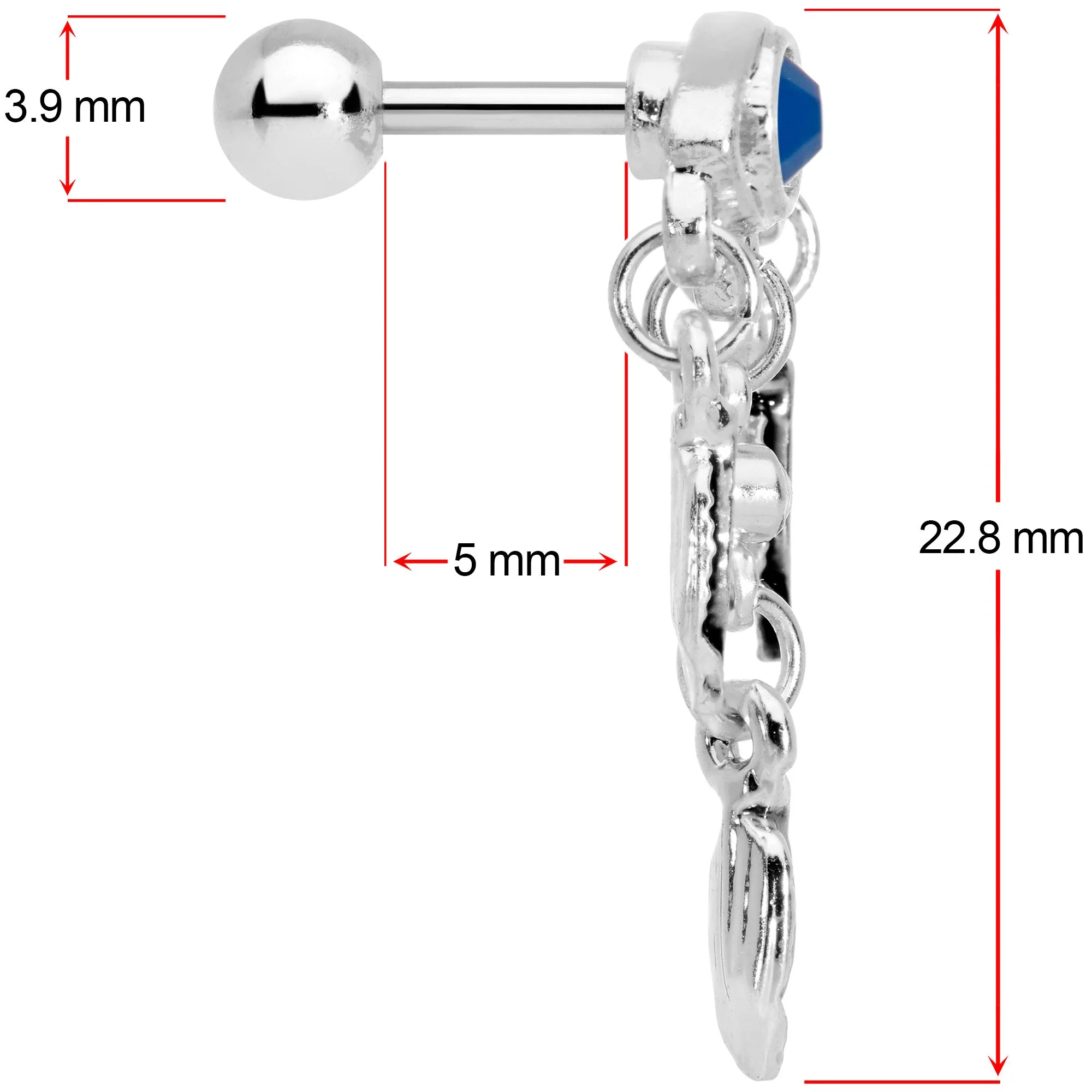 16G 1/4 Blue Gem Eye Feather Dangle Cartilage Tragus Earring - Image 4