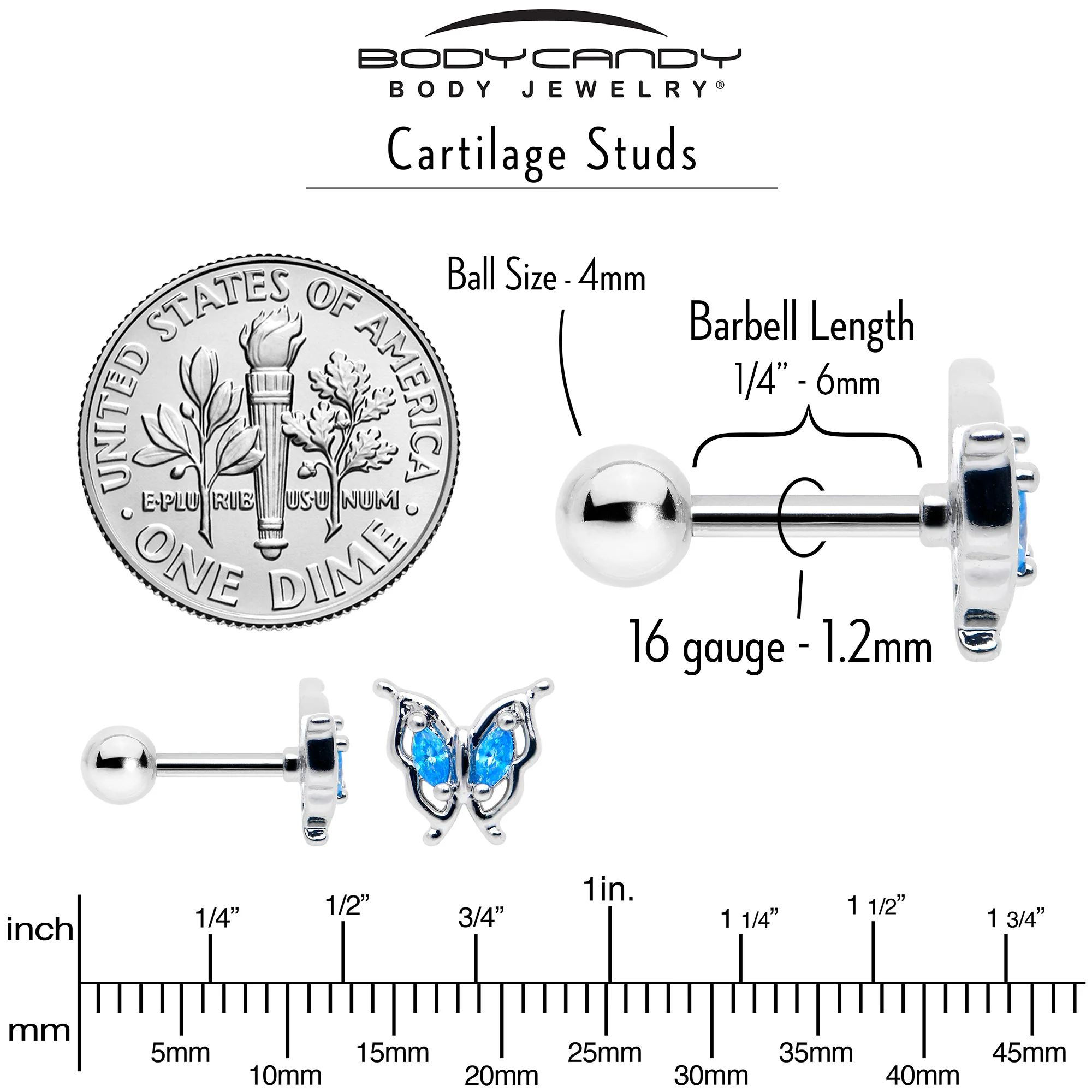 16G 1/4 Blue Gem Fancy Fab Butterfly Cartilage Tragus Earring - Image 6
