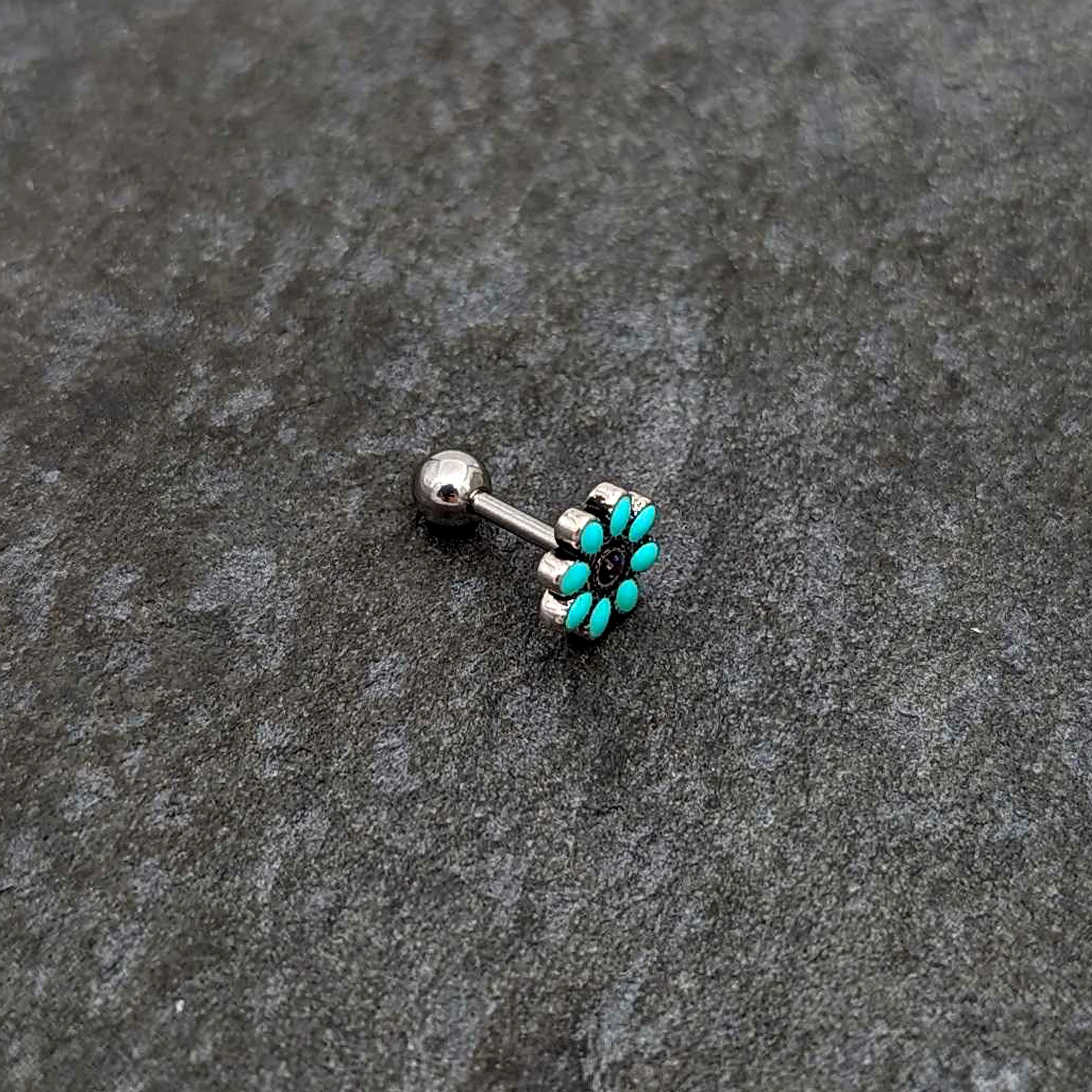 16G 1/4 Blue Gem Flower Teal Petals Cartilage Tragus Earring - Image 6