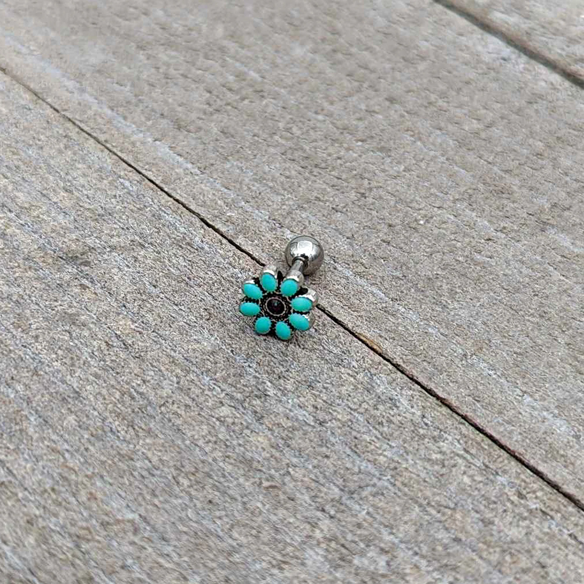 16G 1/4 Blue Gem Flower Teal Petals Cartilage Tragus Earring - Image 7