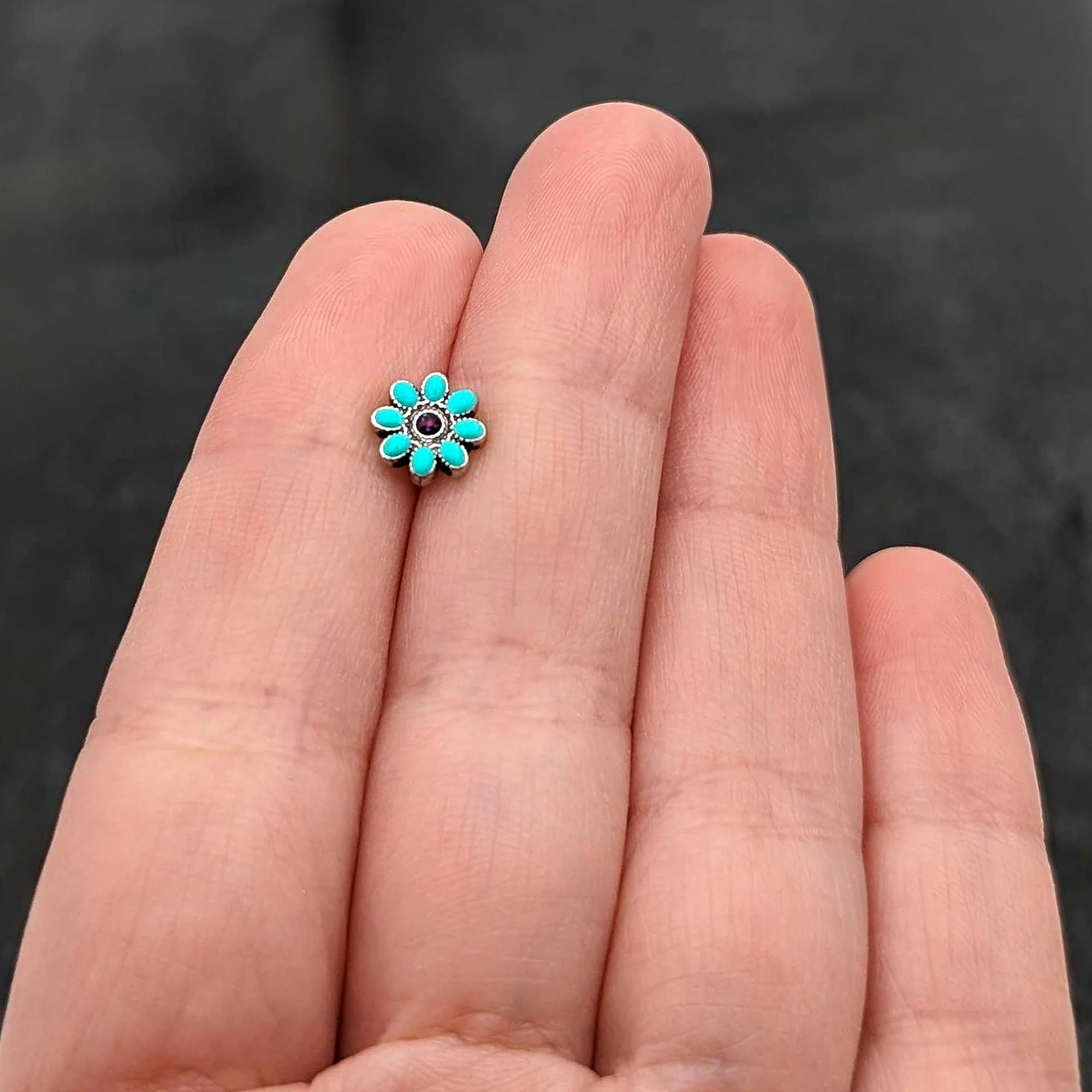 16G 1/4 Blue Gem Flower Teal Petals Cartilage Tragus Earring - Image 8