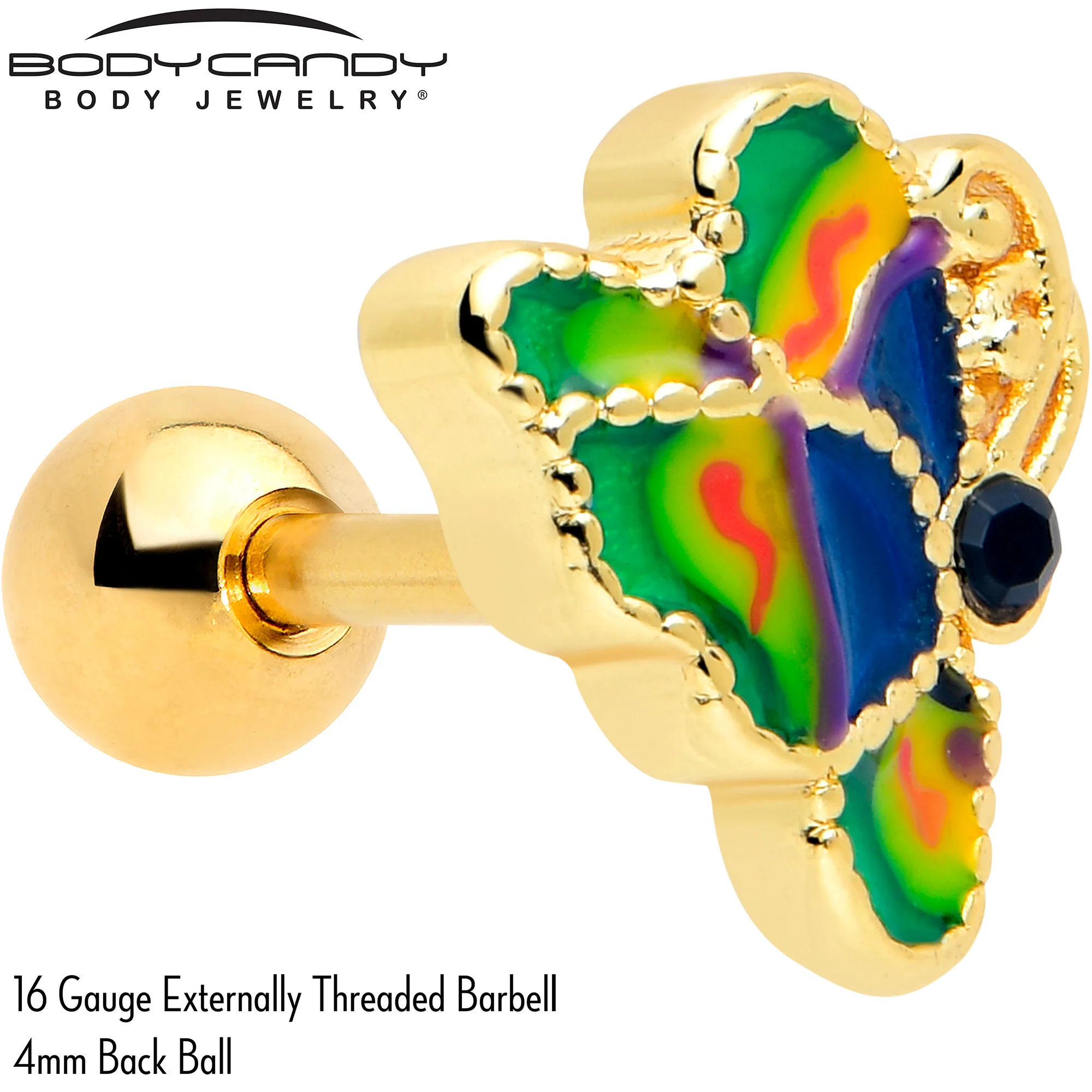16G 1/4 Blue Gem Gold Tone Butterfly Colors Cartilage Tragus Earring - Image 2