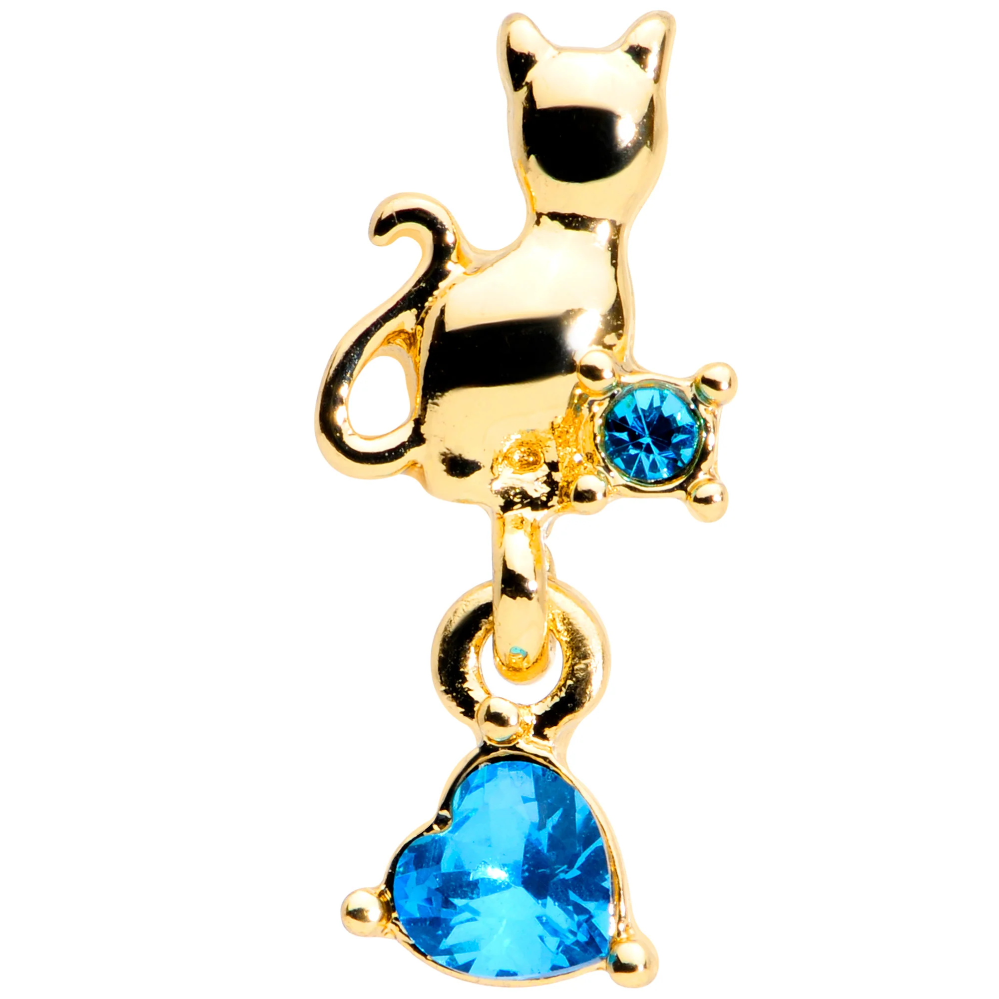 16G 1/4 Blue Gem Gold Tone Cat Heart Dangle Cartilage Tragus - Image 2