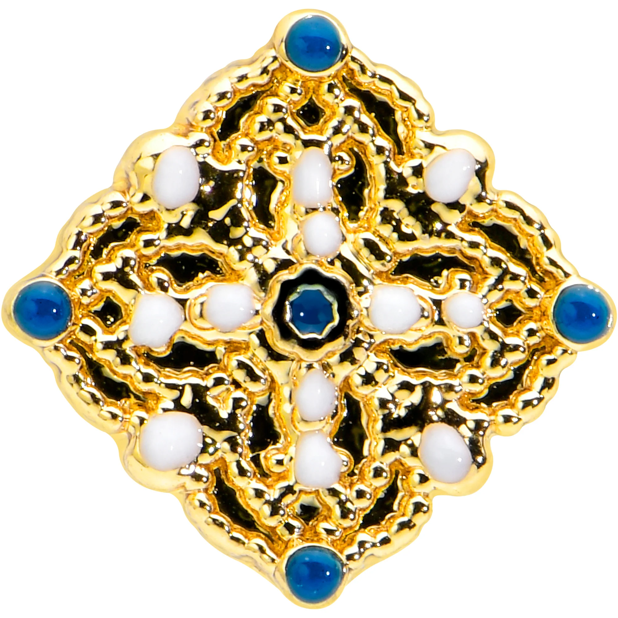 16G 1/4 Blue Gem Gold Tone Lacy Rhombus Cartilage Tragus Earring - Image 2