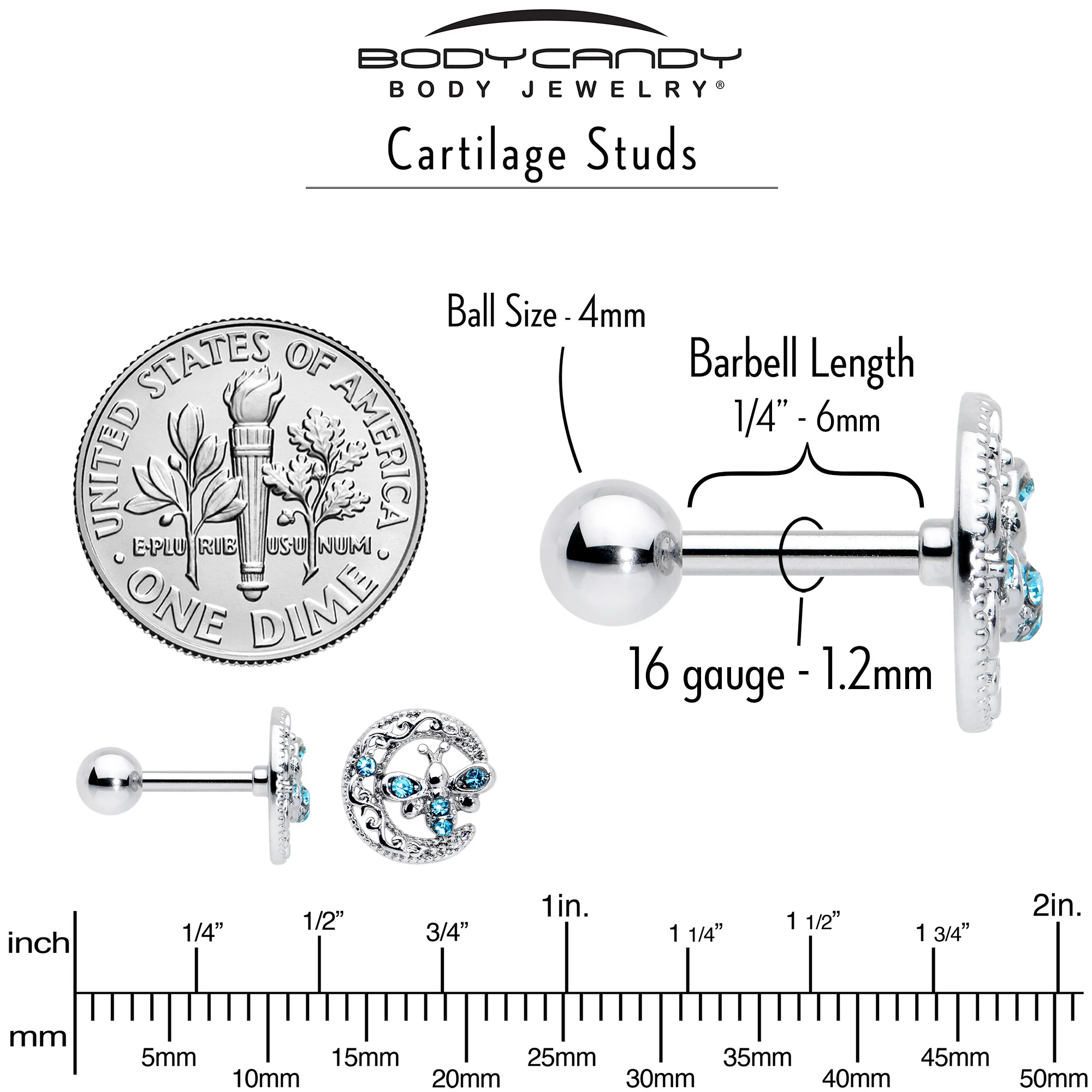 16G 1/4 Blue Gem Lunar Dragonfly Cartilage Tragus Earring - Image 6