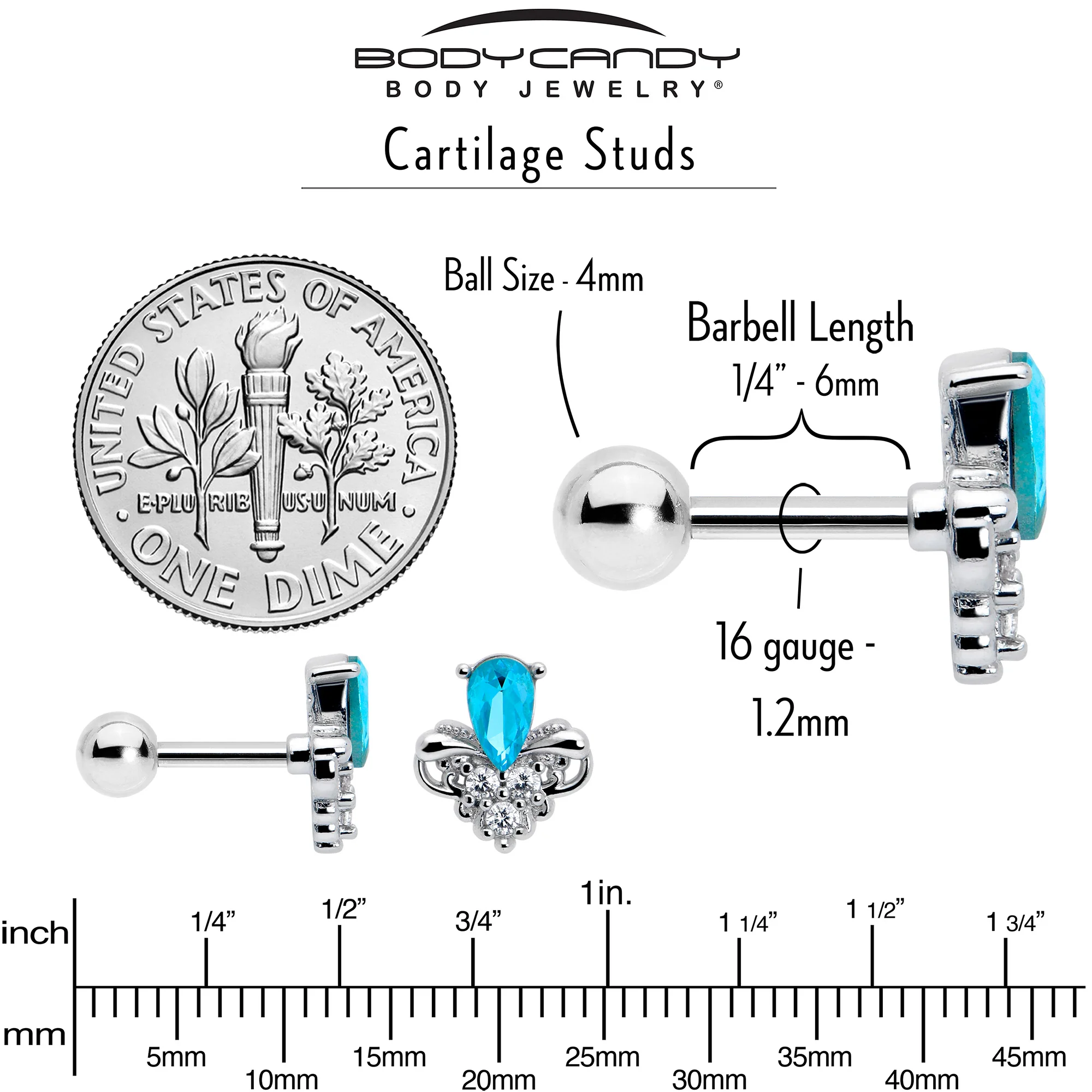 16G 1/4 Blue Gem Style Simplicity Cartilage Tragus Earring - Image 5