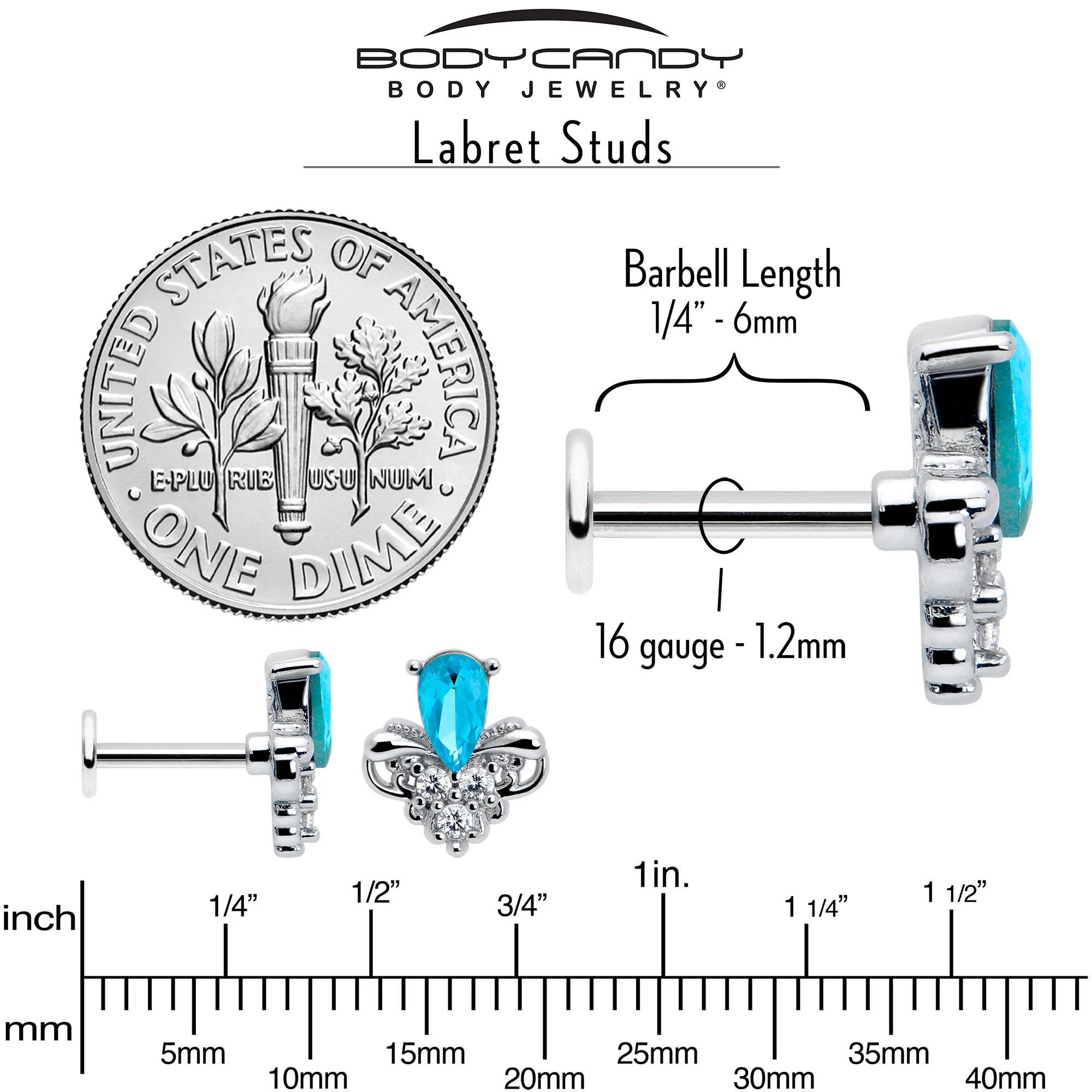 16G 1/4 Blue Gem Style Simplicity Labret Monroe Tragus - Image 5