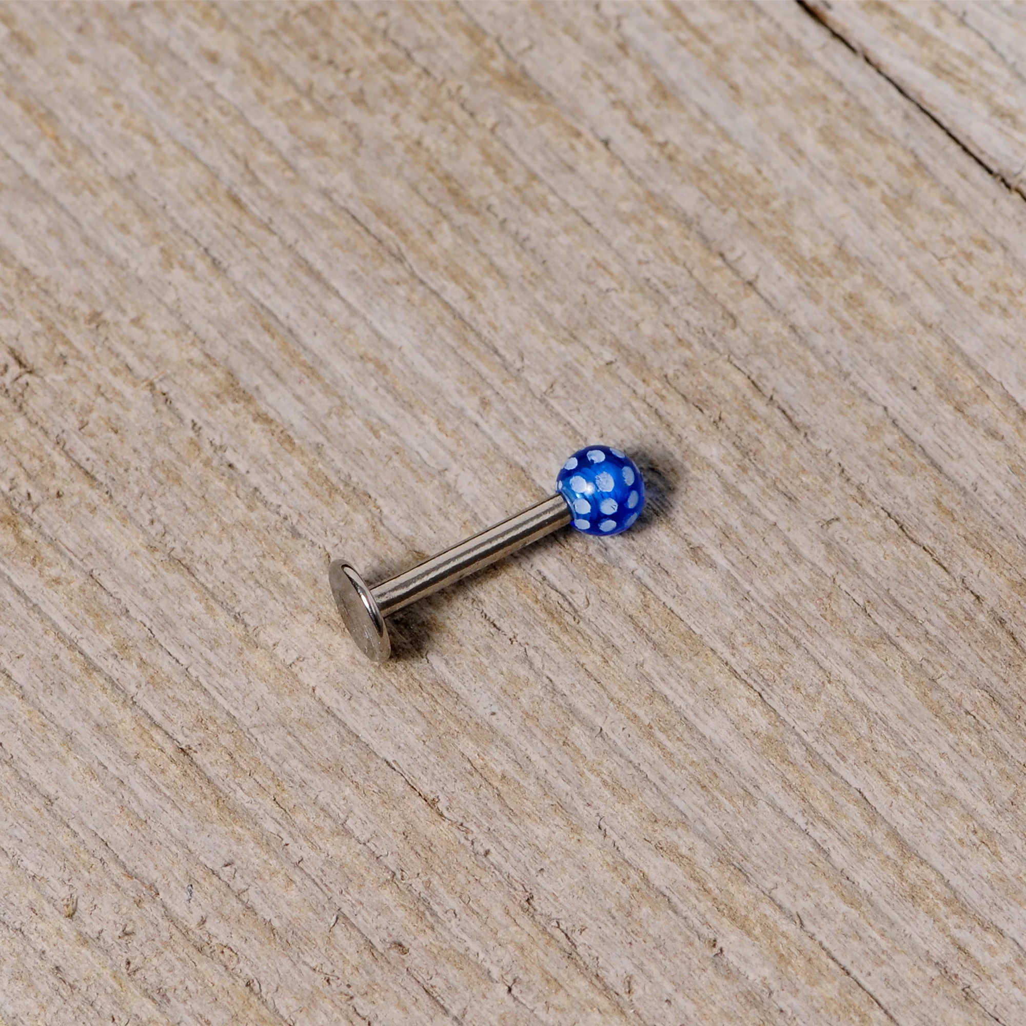 16G 1/4 Blue Polka Dot UV Reactive Acrylic Ball Labret Tragus - Image 4