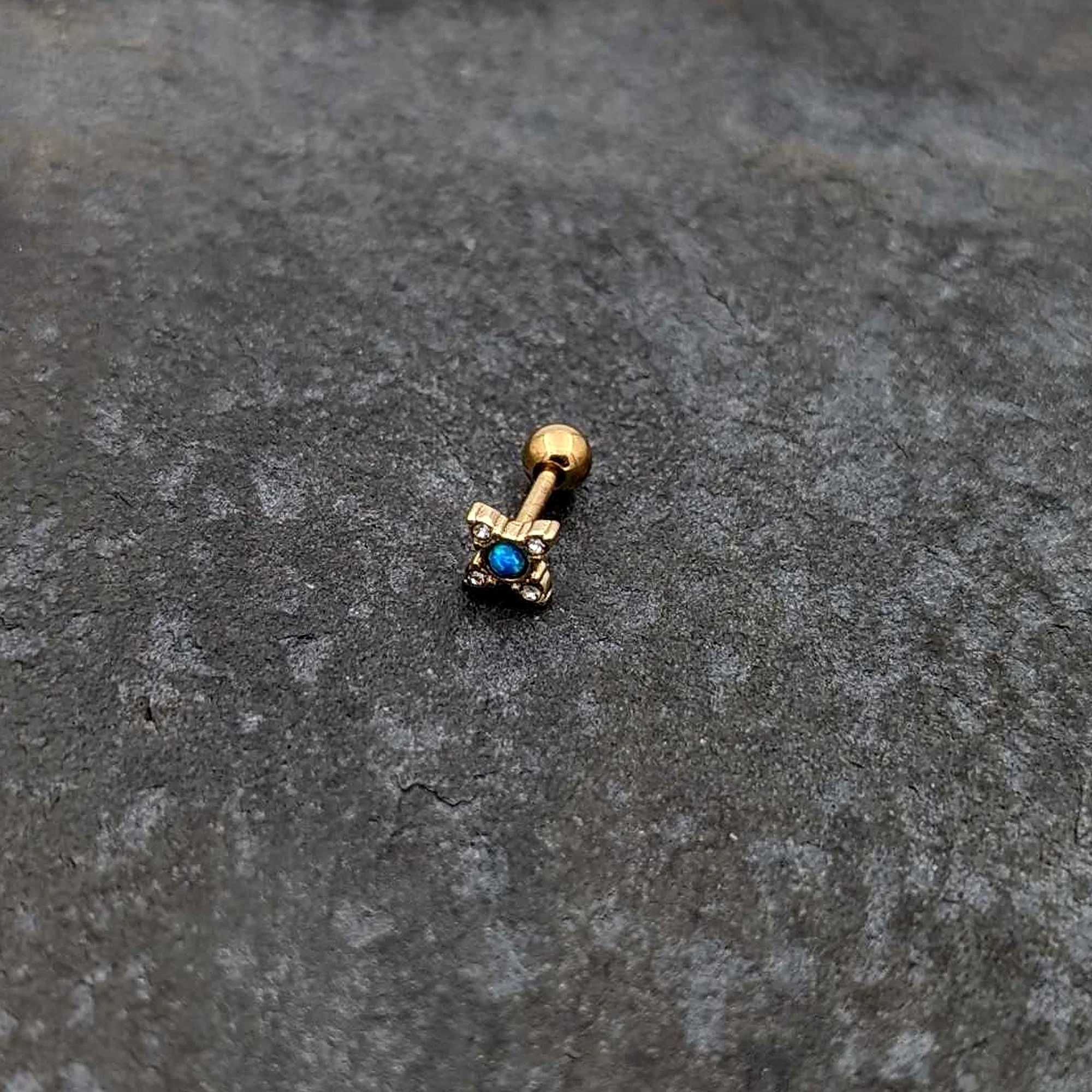 16G 1/4 Blue Synthetic Opal Gold Tone Rhombus Cartilage Earring - Image 6