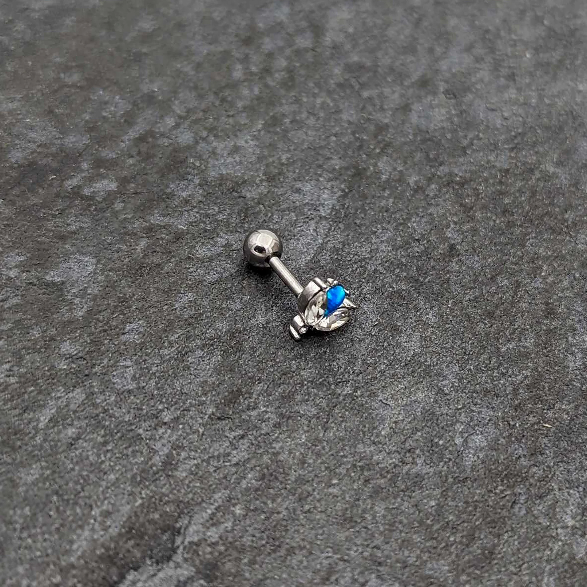 16G 1/4 Blue Synthetic Opal Style Flower Cartilage Tragus Earring - Image 6